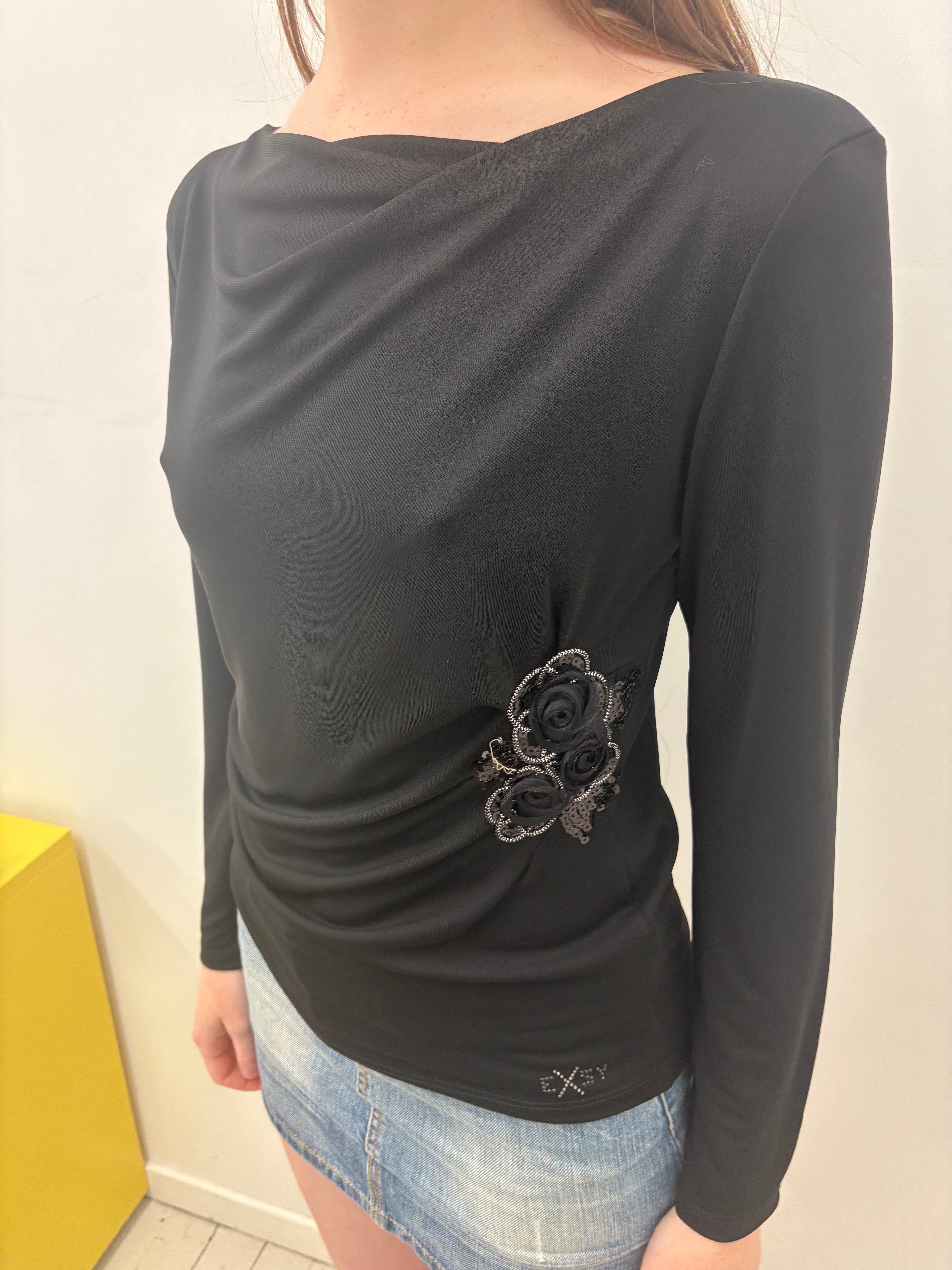 Black Draped Cowl Neck Long Sleeve Rose Appliqué Top