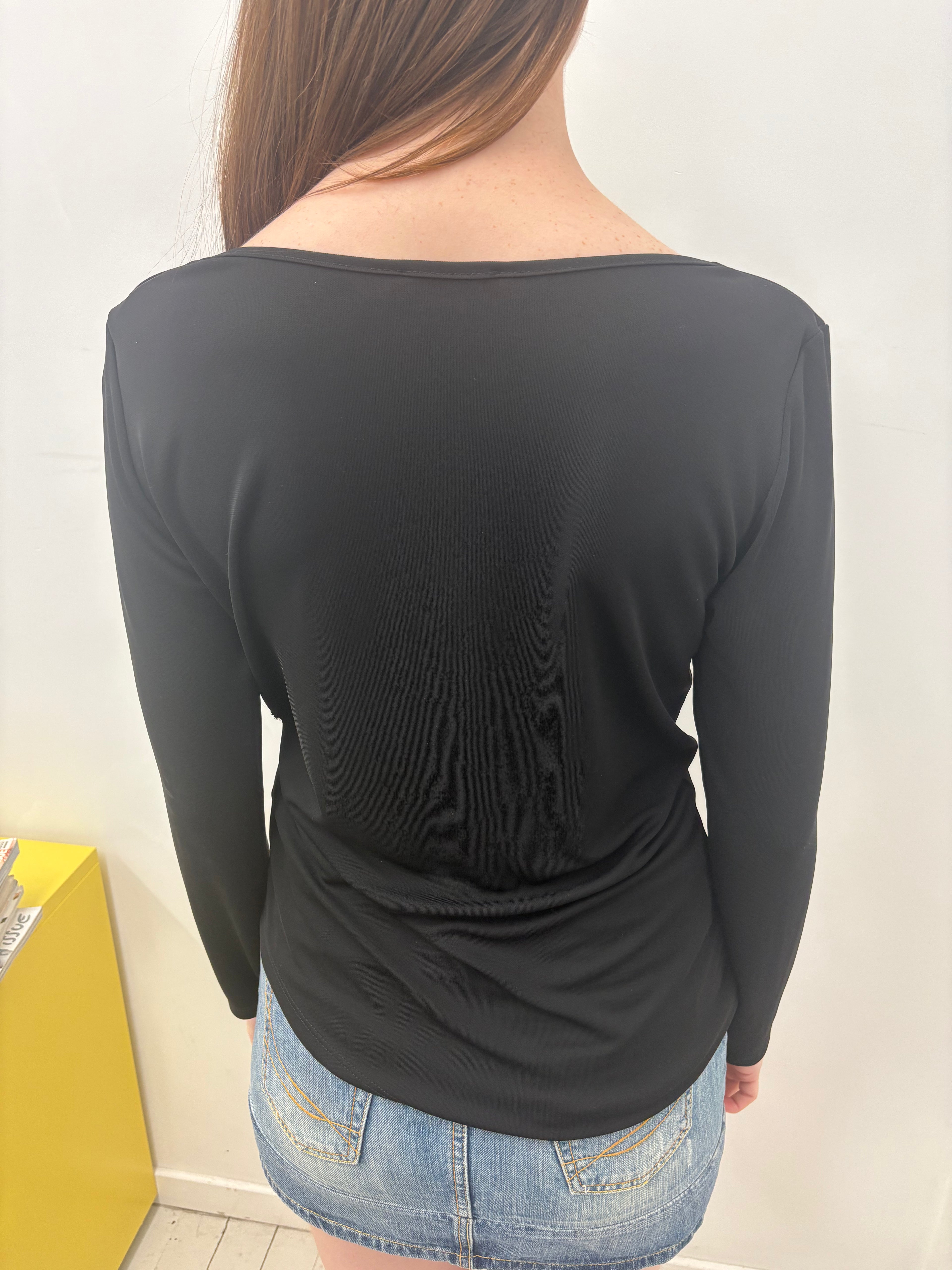 Black Draped Cowl Neck Long Sleeve Rose Appliqué Top