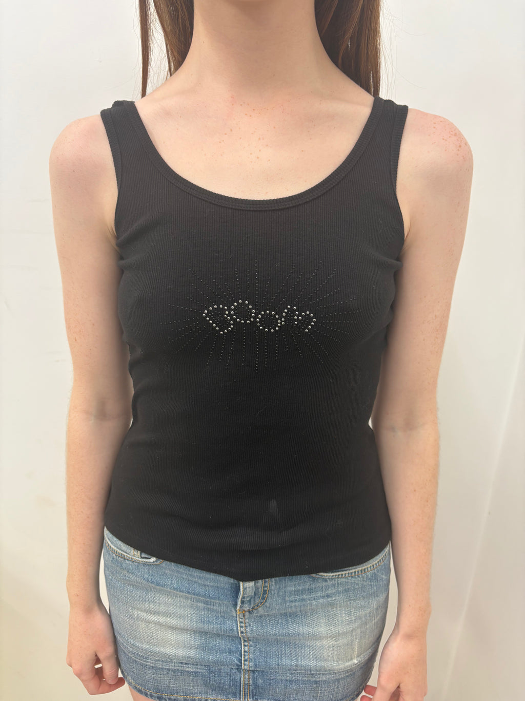 Black Ribbed Tank Top Rhinestone Eye Motif Y2K