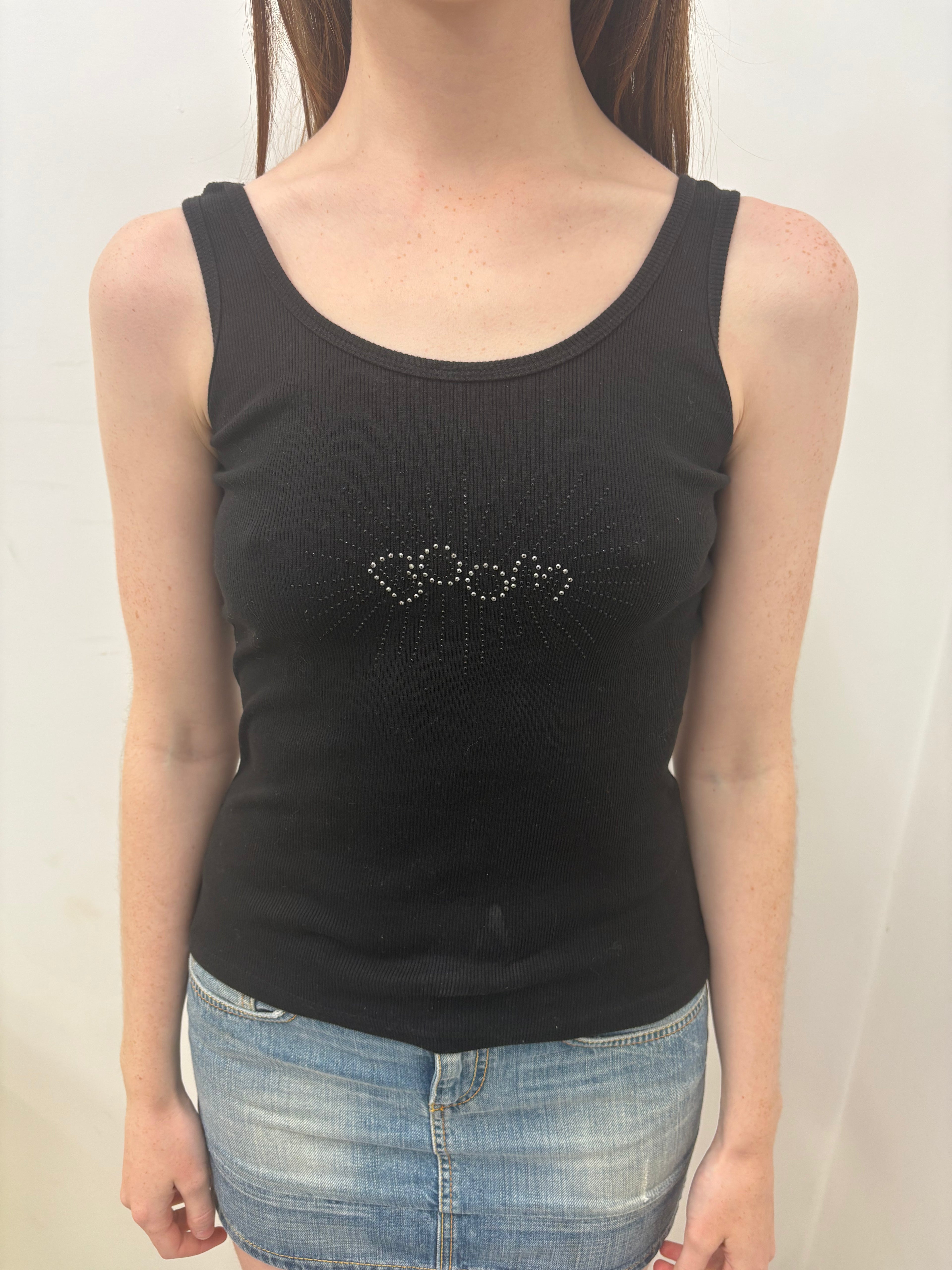 Black Ribbed Tank Top Rhinestone Eye Motif Y2K