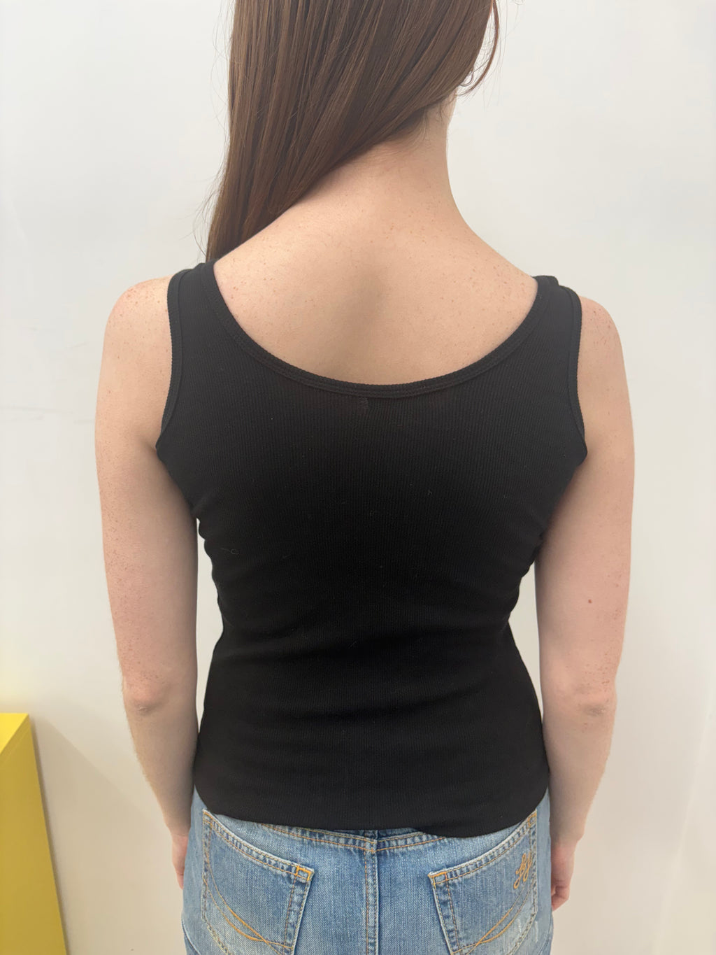 Black Ribbed Tank Top Rhinestone Eye Motif Y2K
