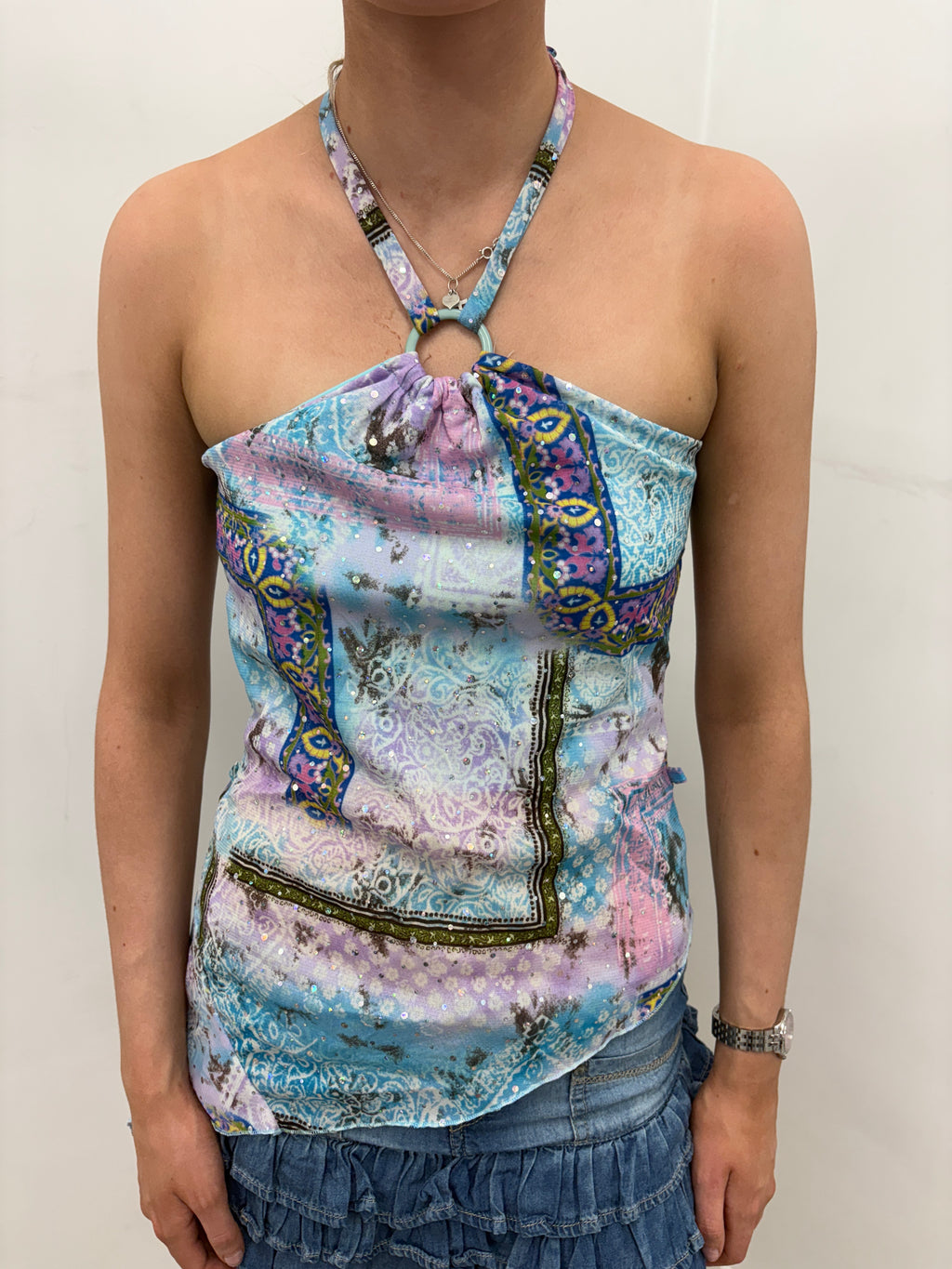 Bandana Print Glitter Halterneck Top