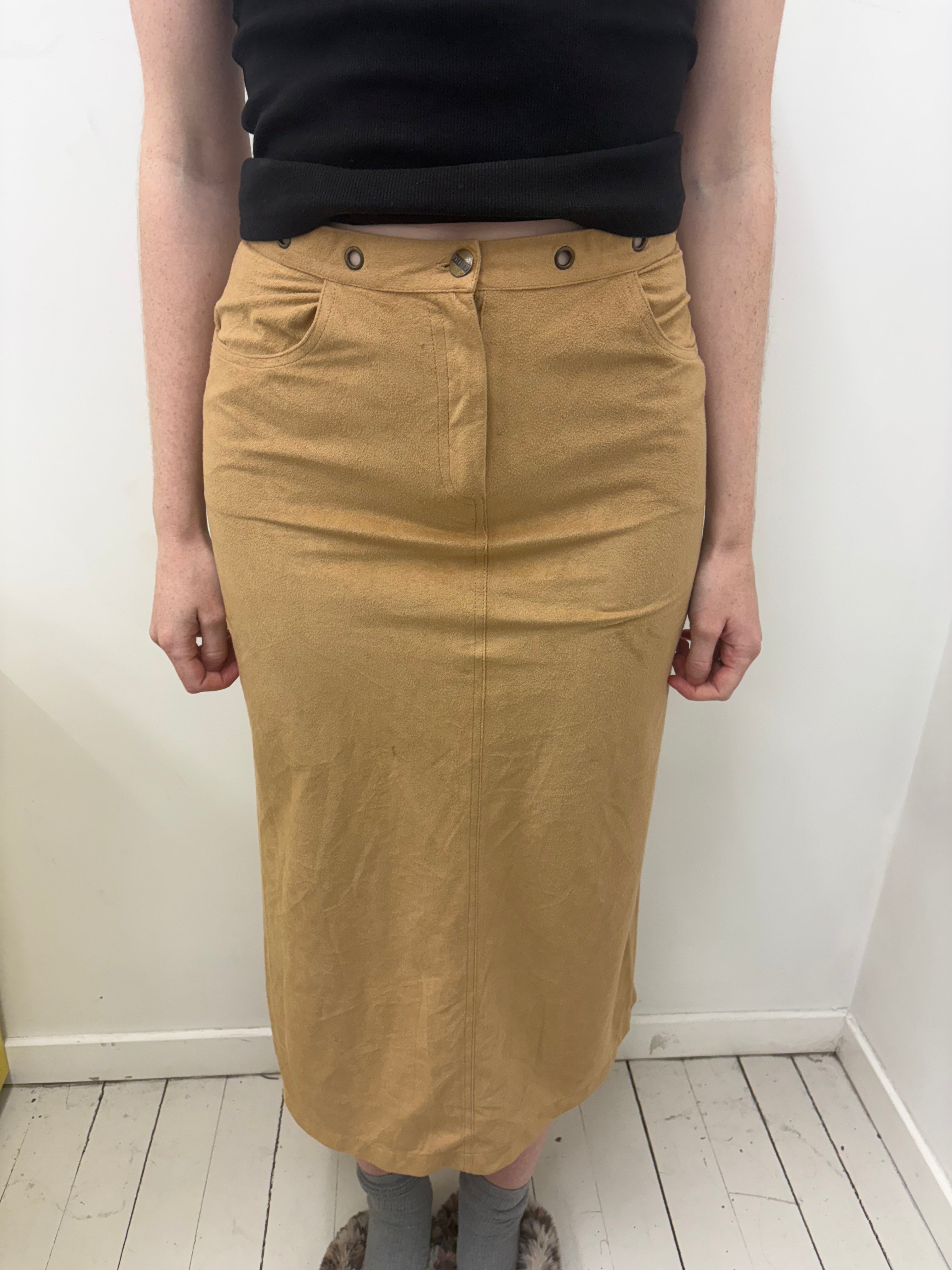 Tan Faux Suede Pencil Maxi Skirt Metal Eyelet Waist
