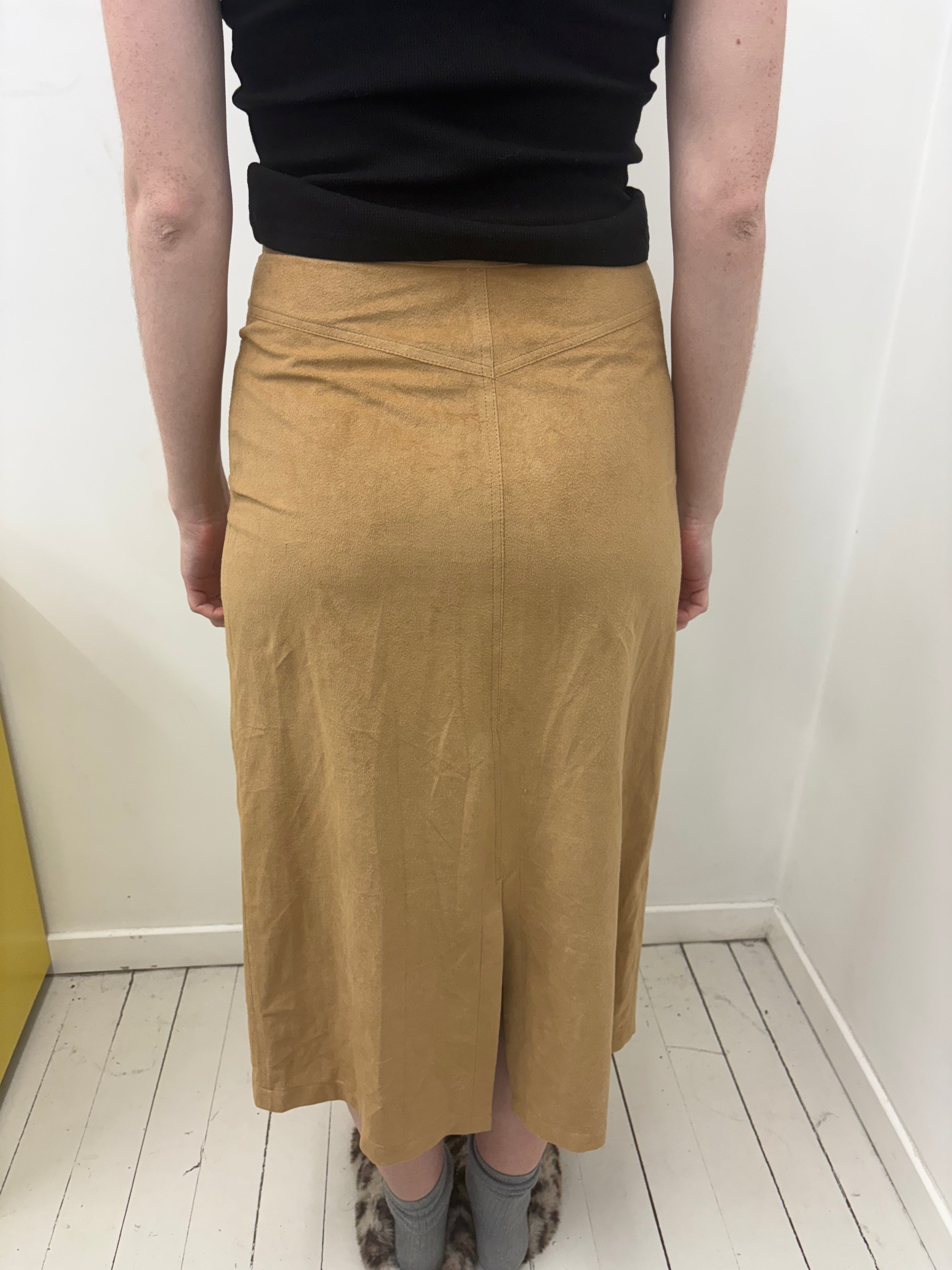 Tan Faux Suede Pencil Maxi Skirt Metal Eyelet Waist