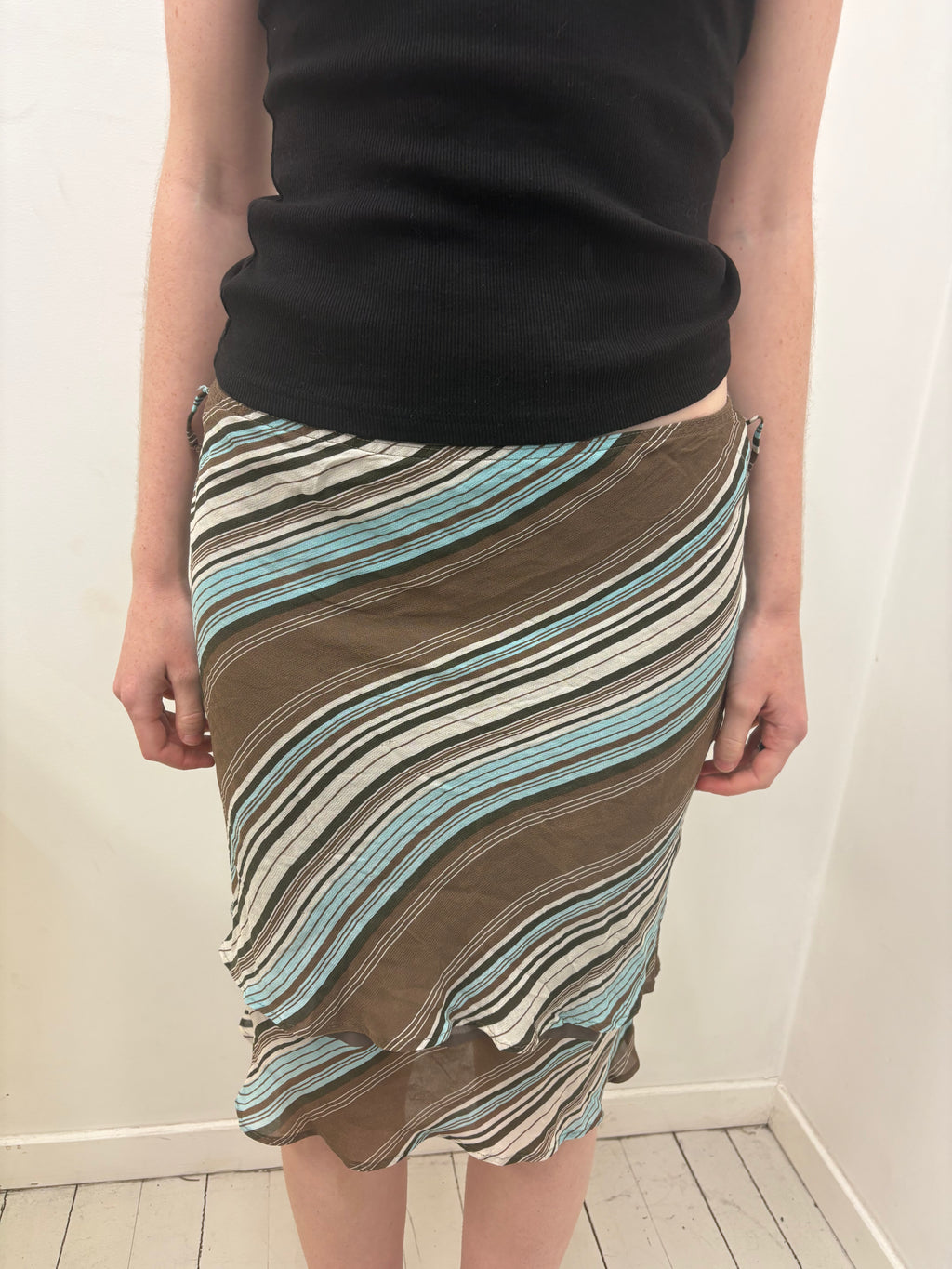 Brown Turquoise Wave Stripe Bias Cut Midi Skirt