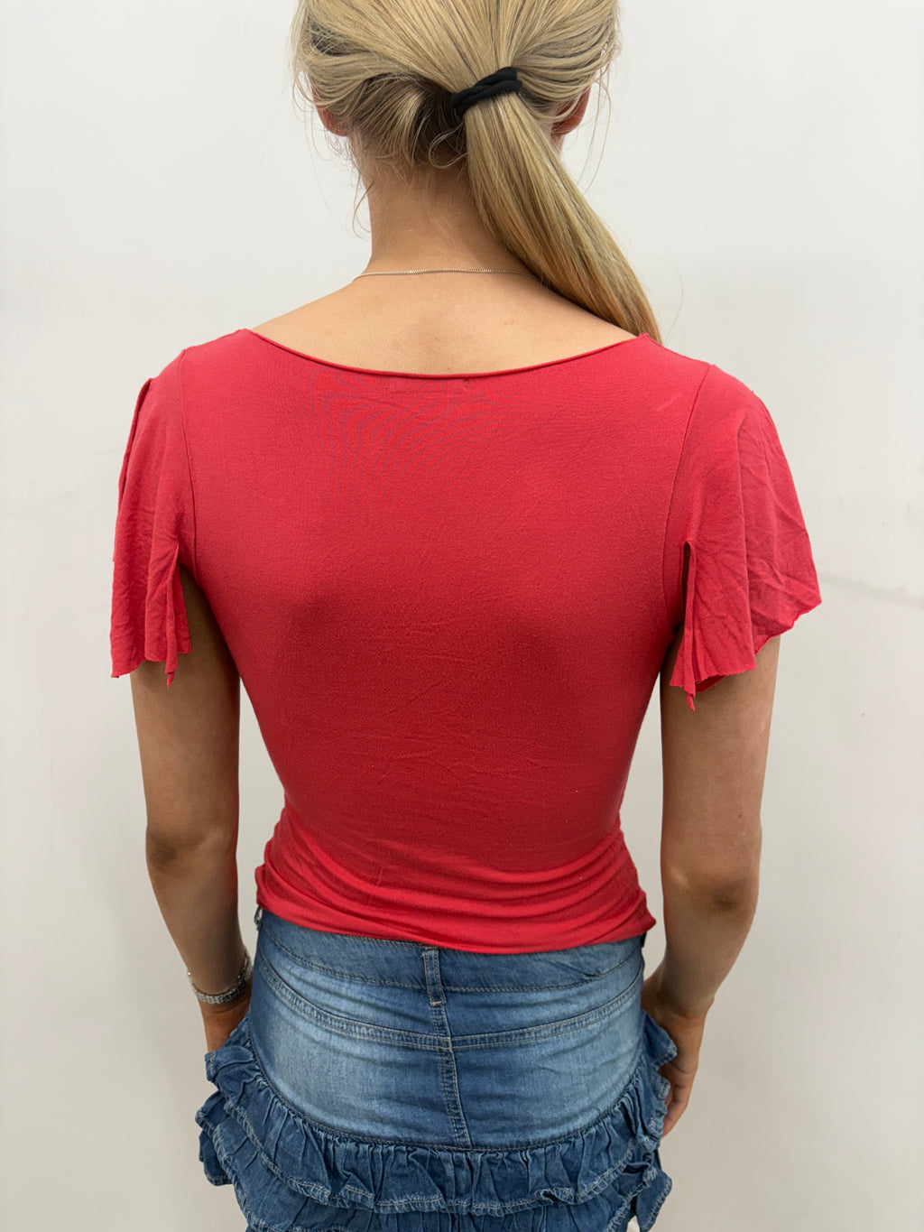 Coral Lip Print Flutter Sleeve Top