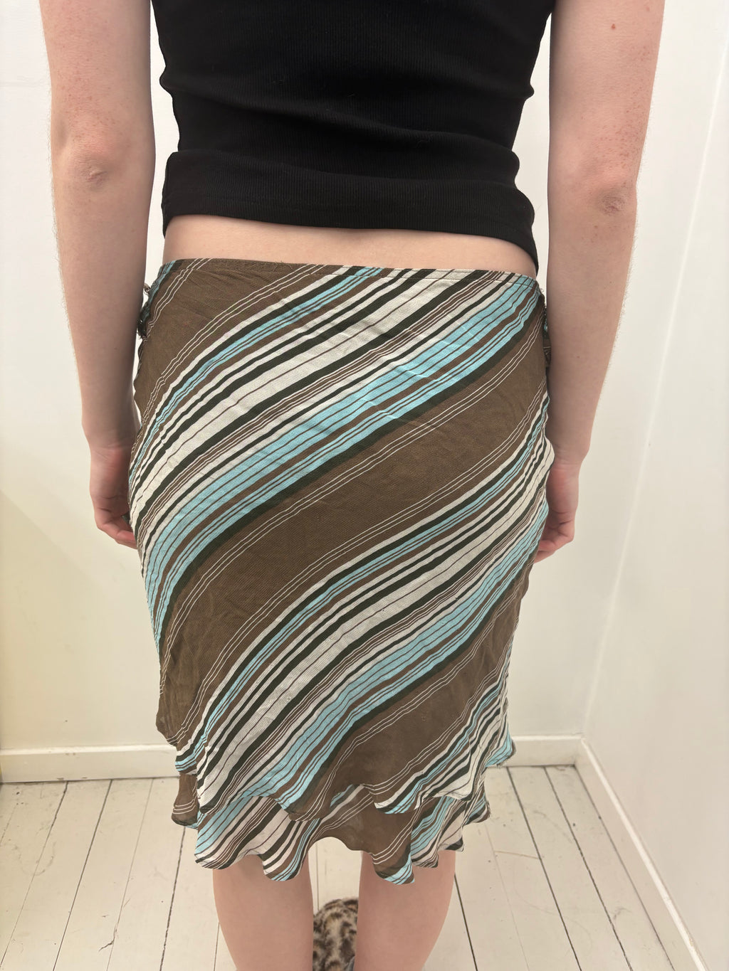 Brown Turquoise Wave Stripe Bias Cut Midi Skirt