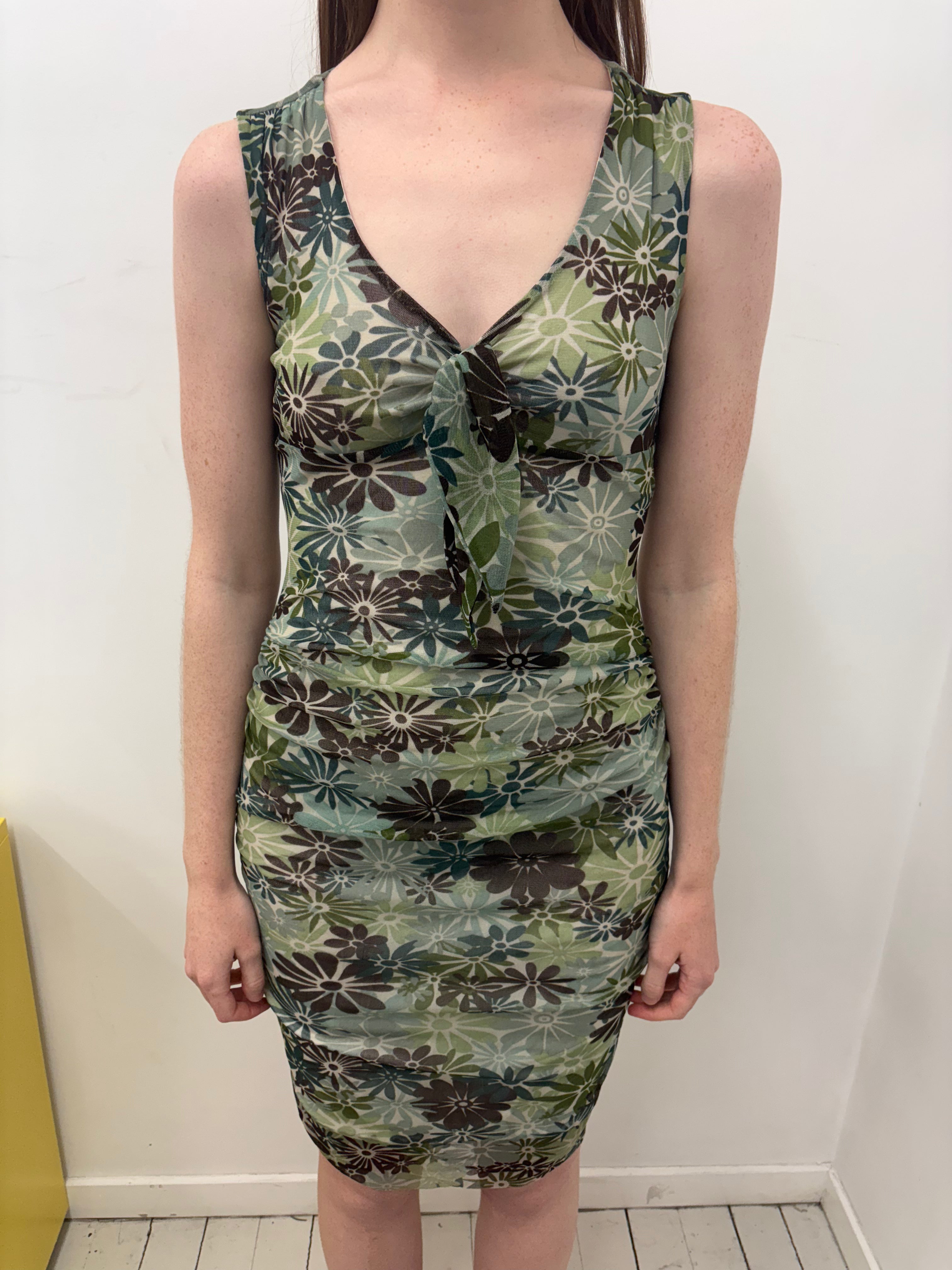 Green Floral Mesh Ruched Body-Con Mini Dress Y2K
