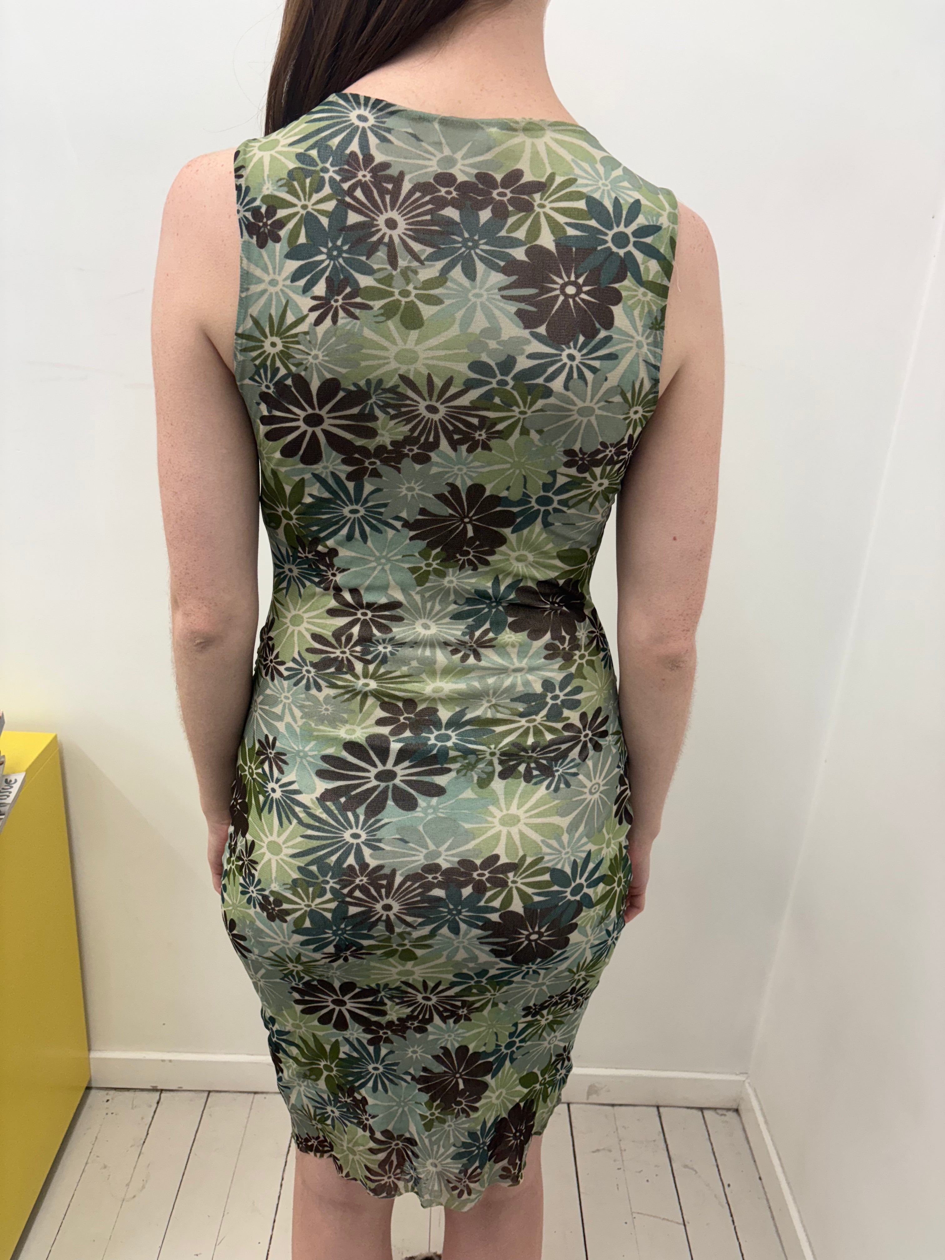 Green Floral Mesh Ruched Body-Con Mini Dress Y2K