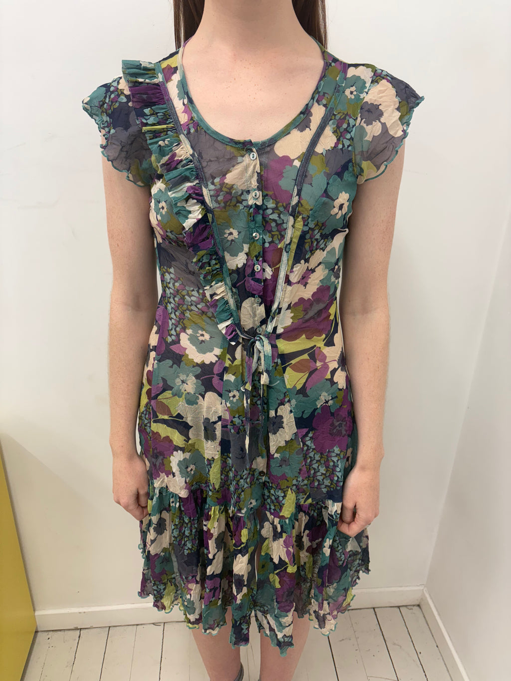 Purple Teal Floral Crinkle Ruffle Mini Dress Vintage