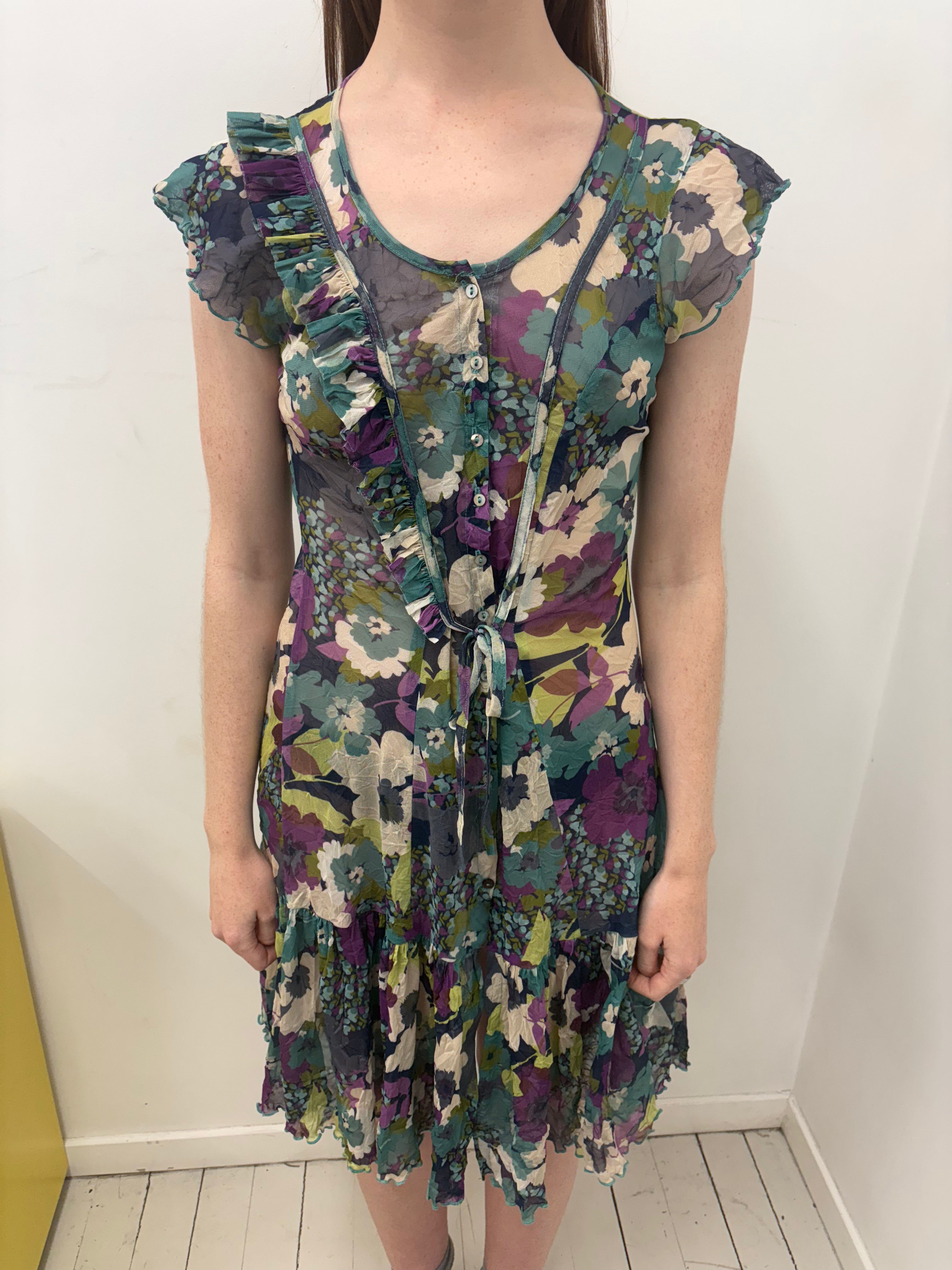 Purple Teal Floral Crinkle Ruffle Mini Dress Vintage