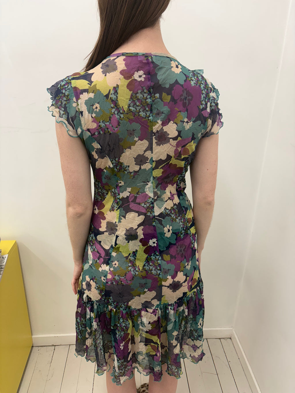 Purple Teal Floral Crinkle Ruffle Mini Dress Vintage