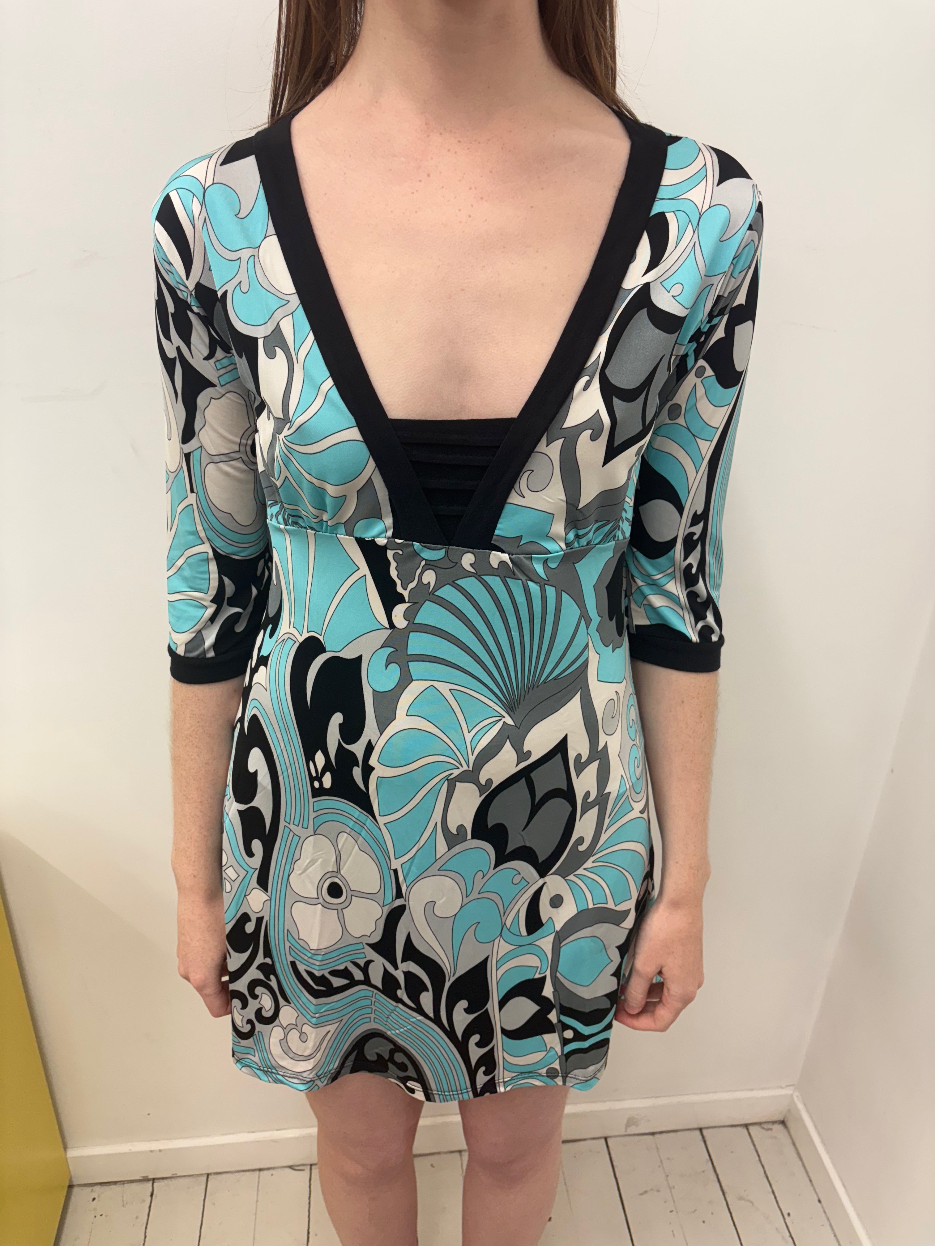 Turquoise Black Psychedelic Print Mini Dress Y2K