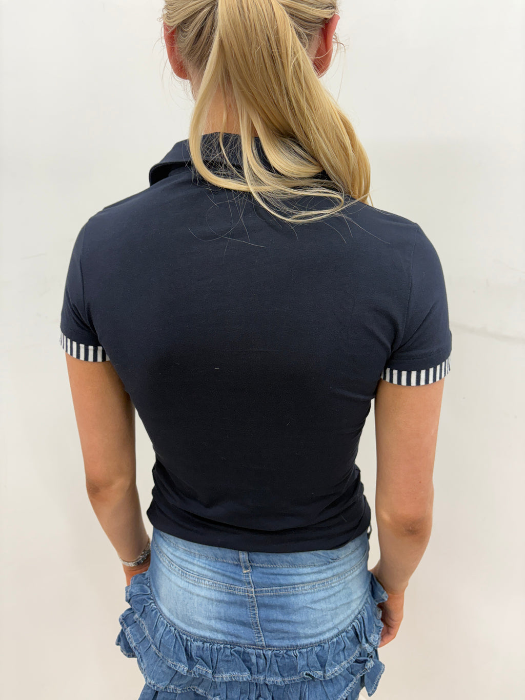 Navy Ruffle Trim Polo Top