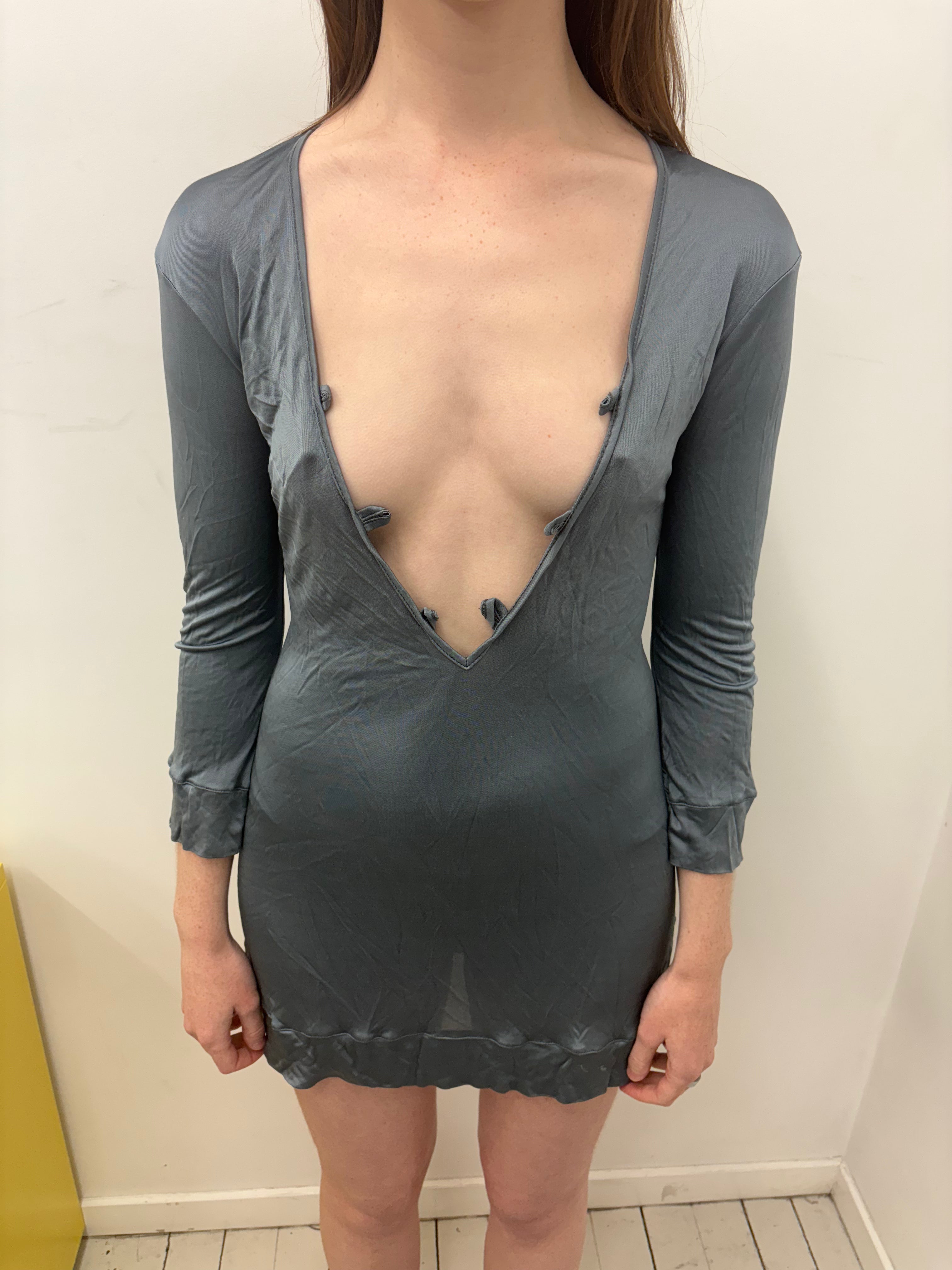Grey Satin Deep-V Button Front Mini Dress Vintage