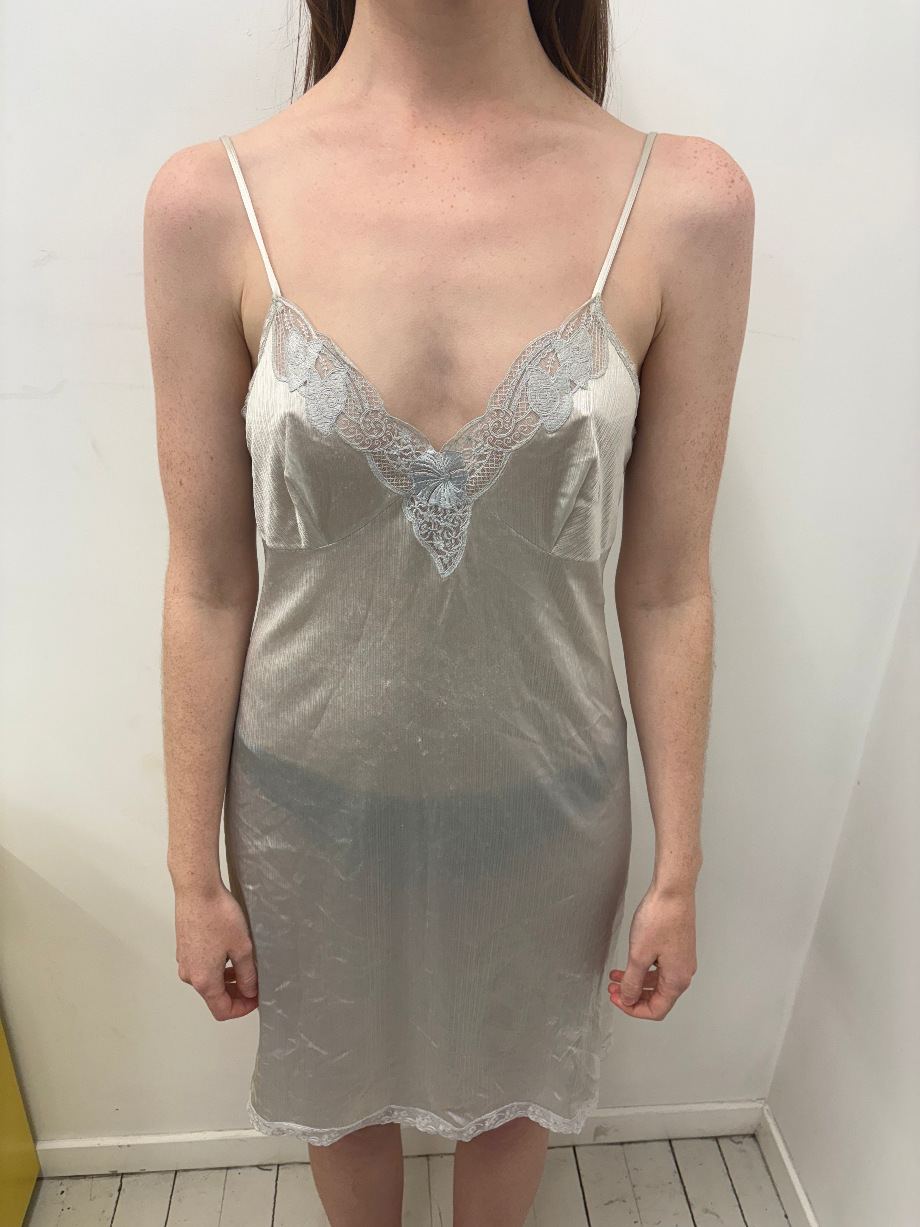 Silver Grey Lace Trim Satin Slip Mini Dress Vintage