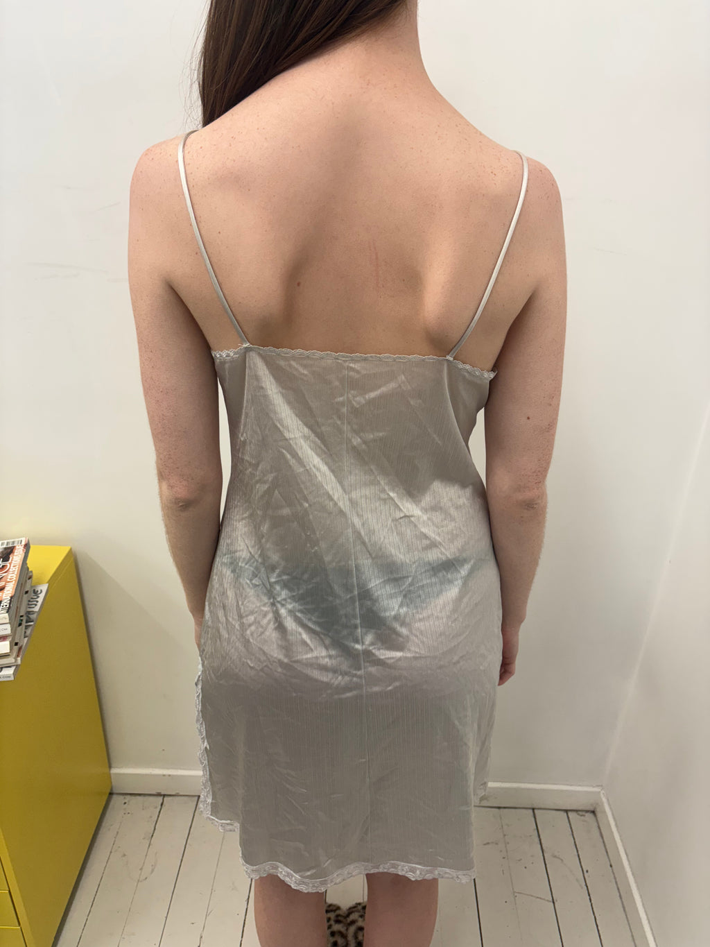 Silver Grey Lace Trim Satin Slip Mini Dress Vintage