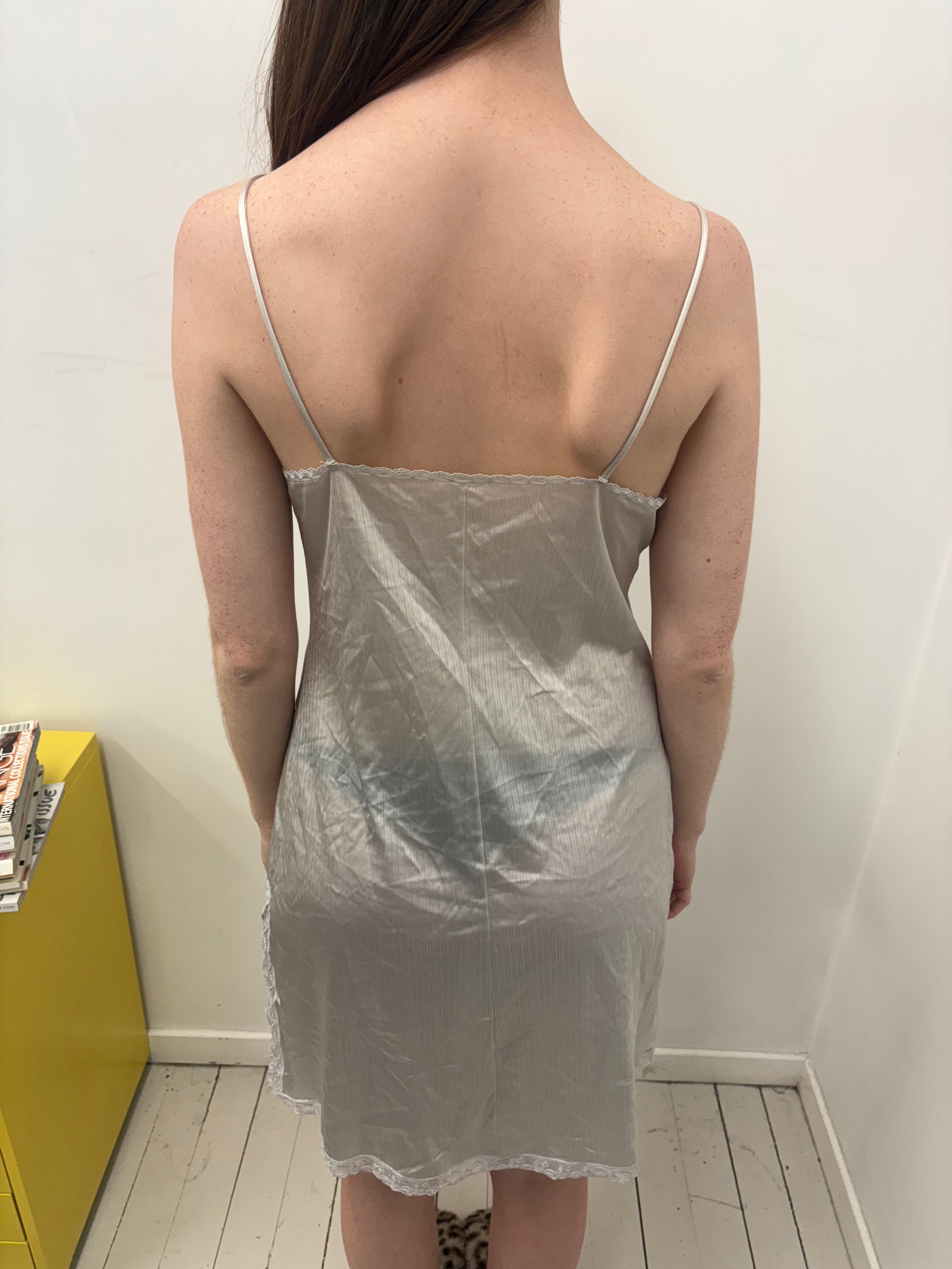 Silver Grey Lace Trim Satin Slip Mini Dress Vintage