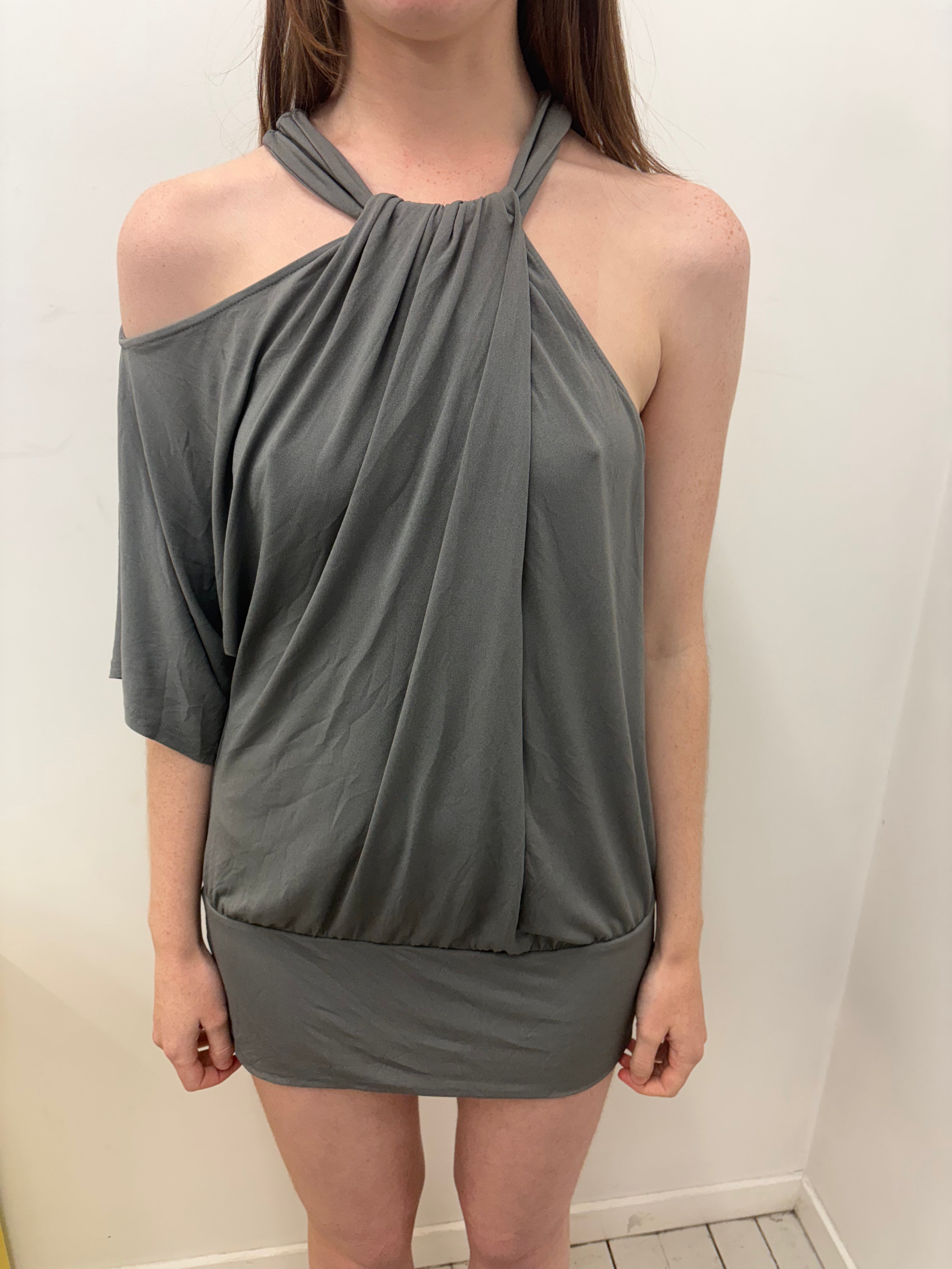 Grey Draped Halter Neck One-Shoulder Mini Dress