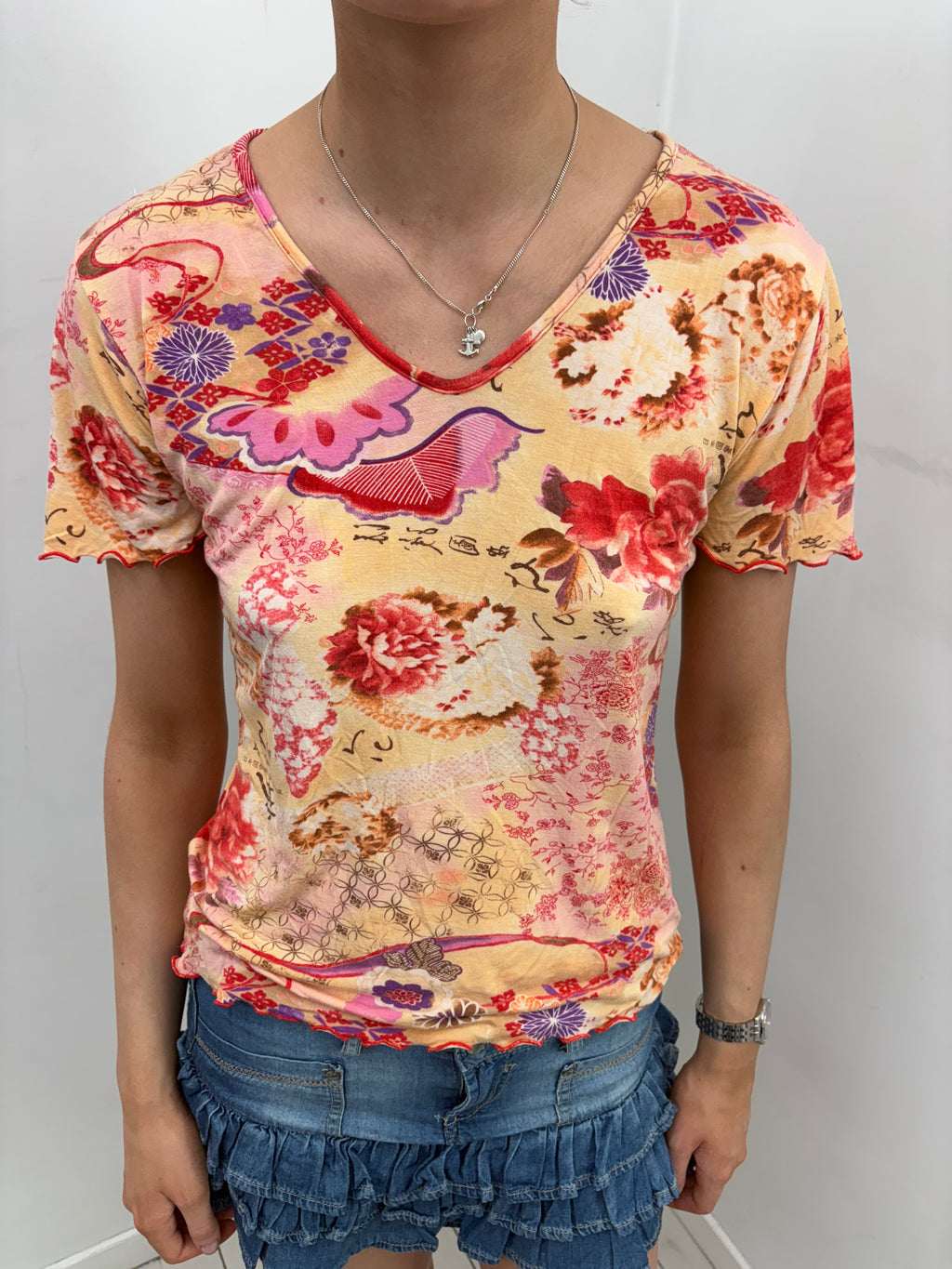 Yellow Japanese Floral Print Top