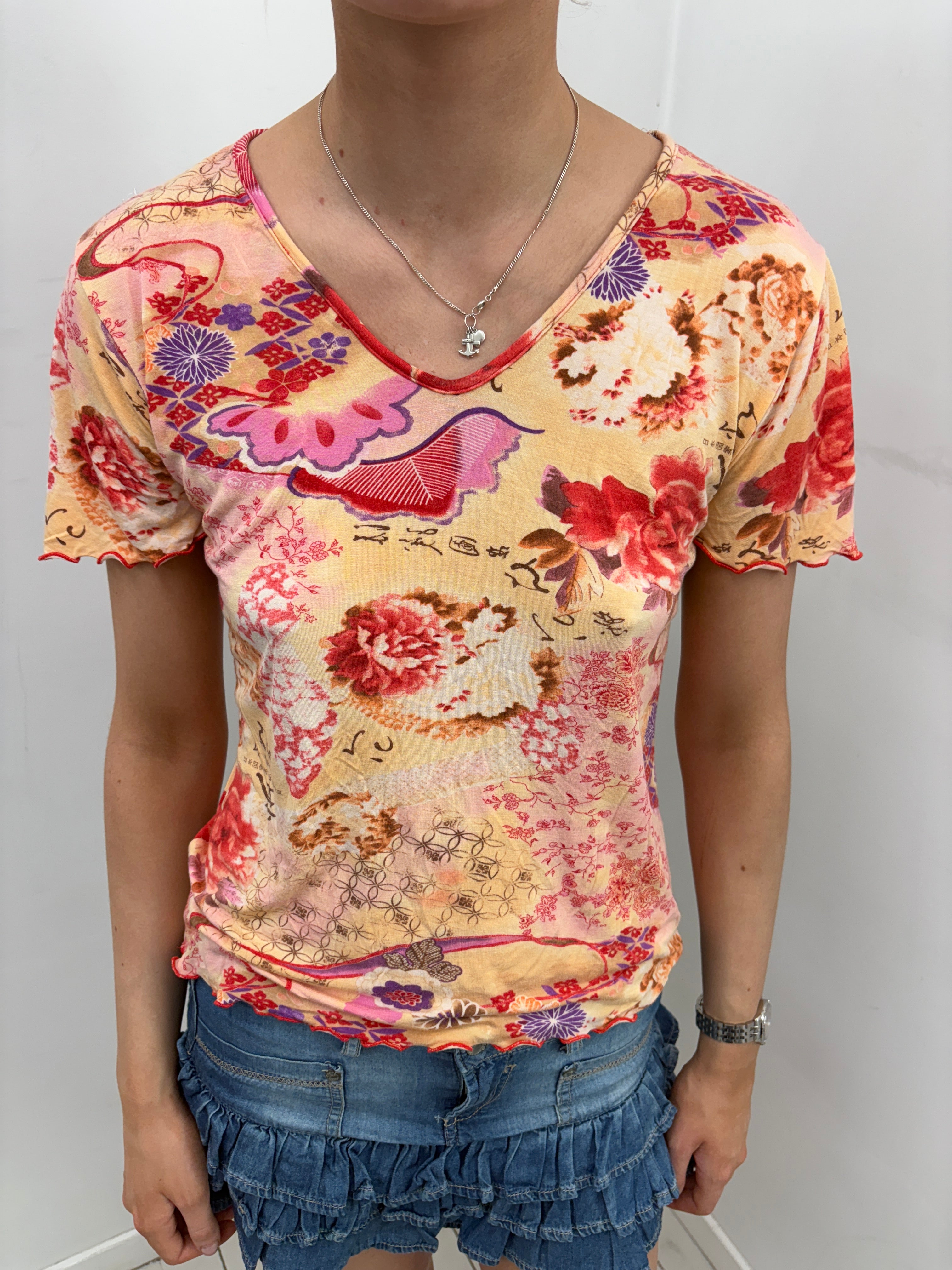 Yellow Japanese Floral Print Top