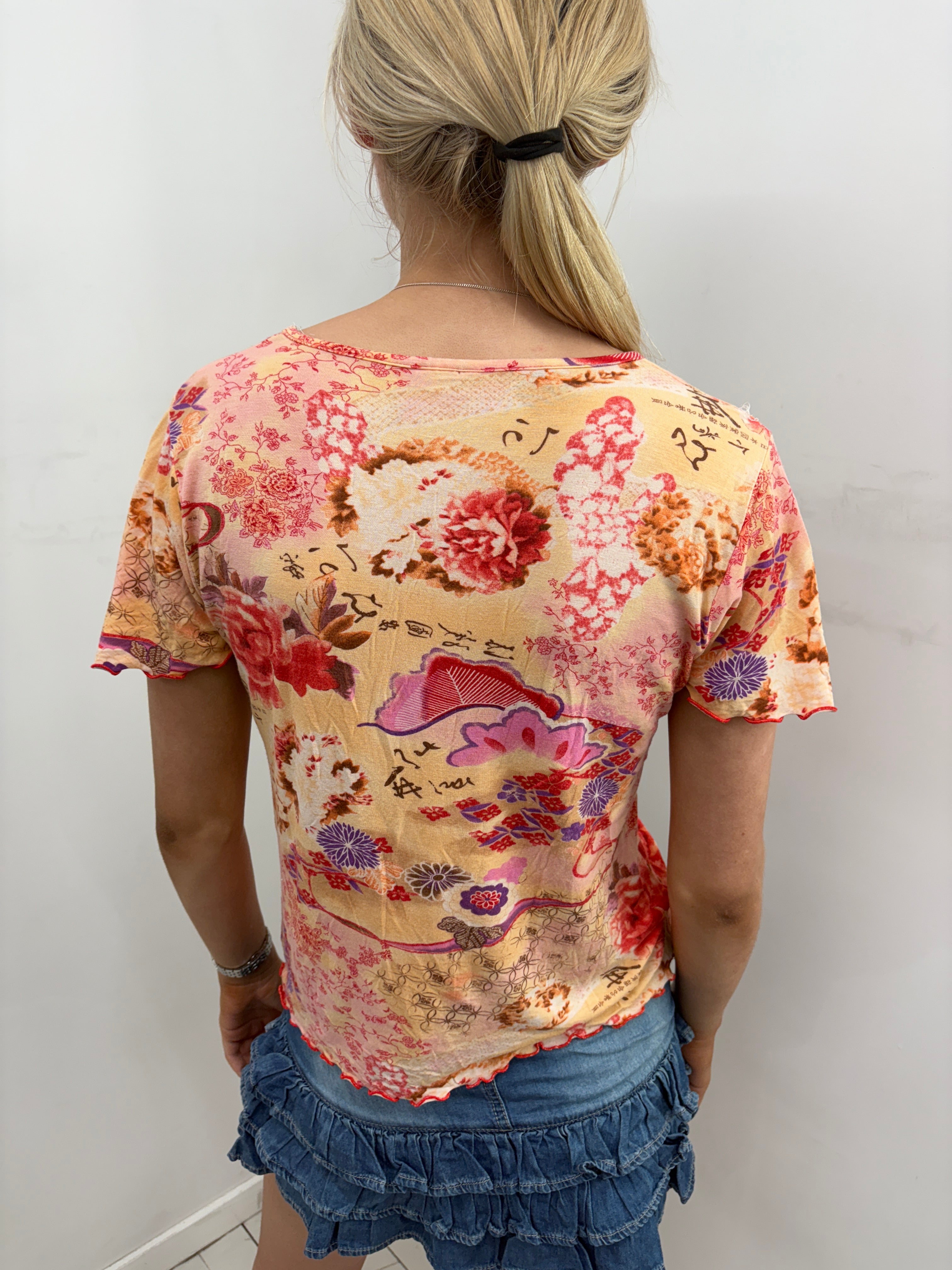 Yellow Japanese Floral Print Top