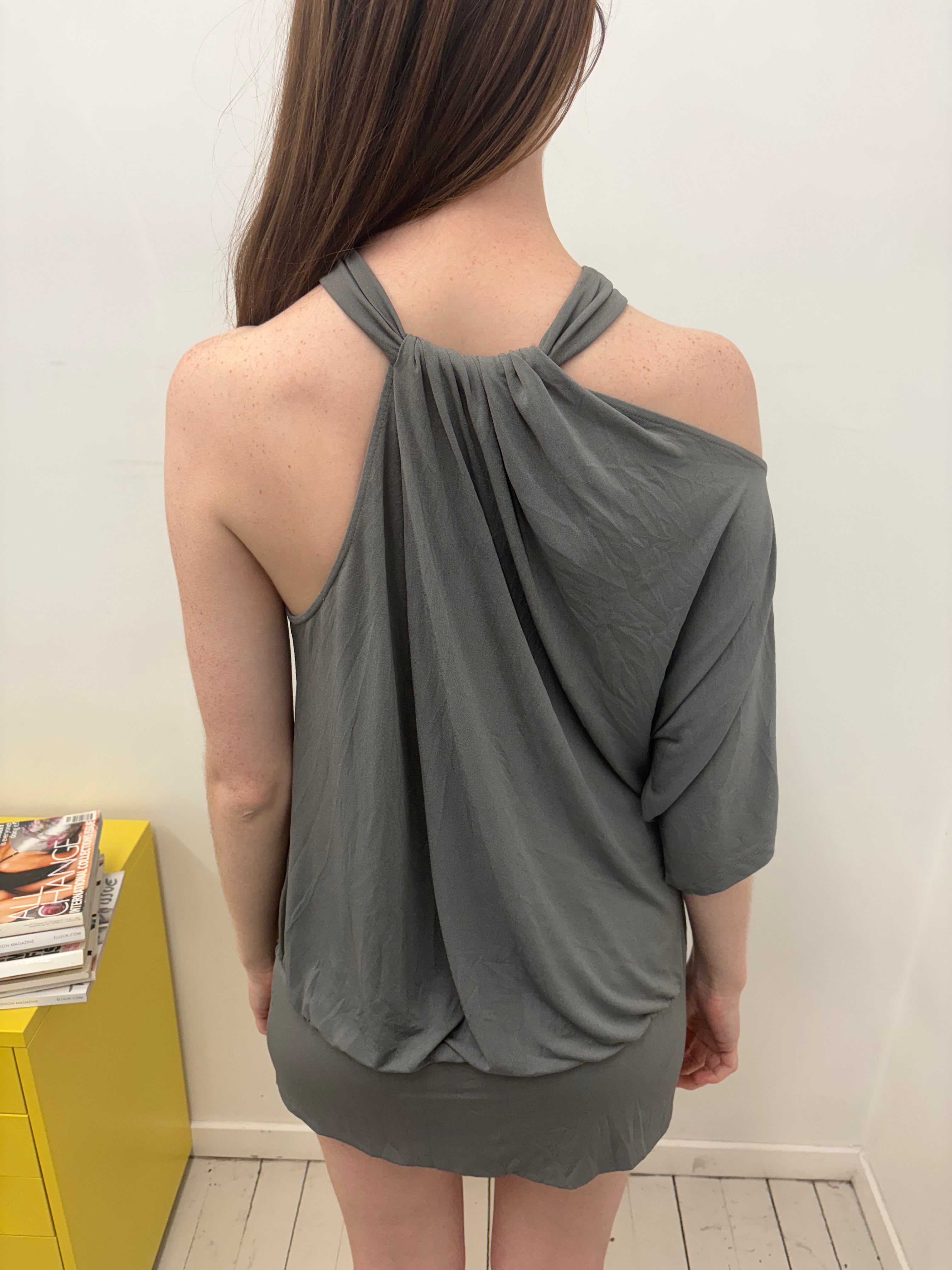 Grey Draped Halter Neck One-Shoulder Mini Dress