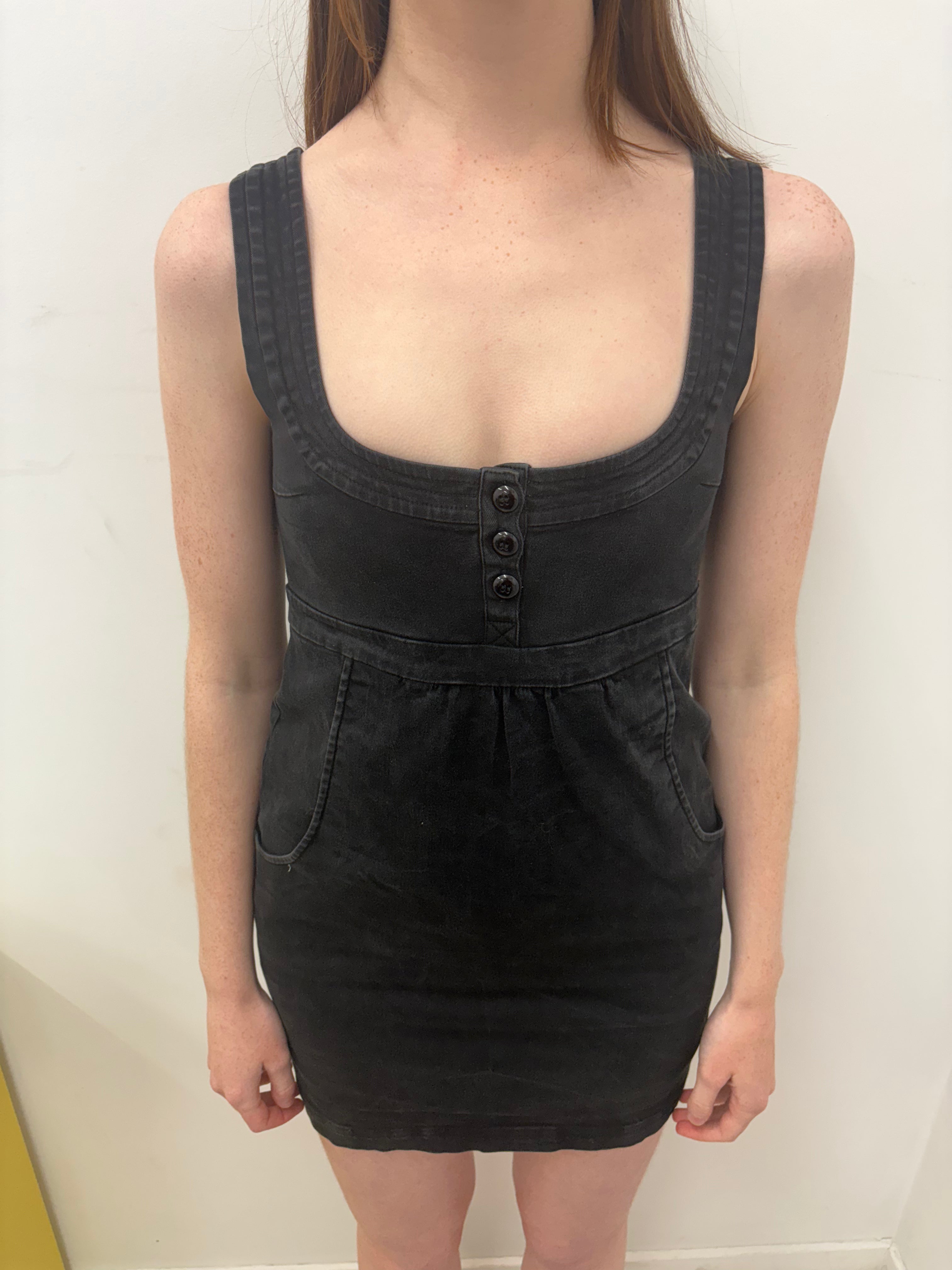 Black Washed Denim Mini Dress Button Front Vintage