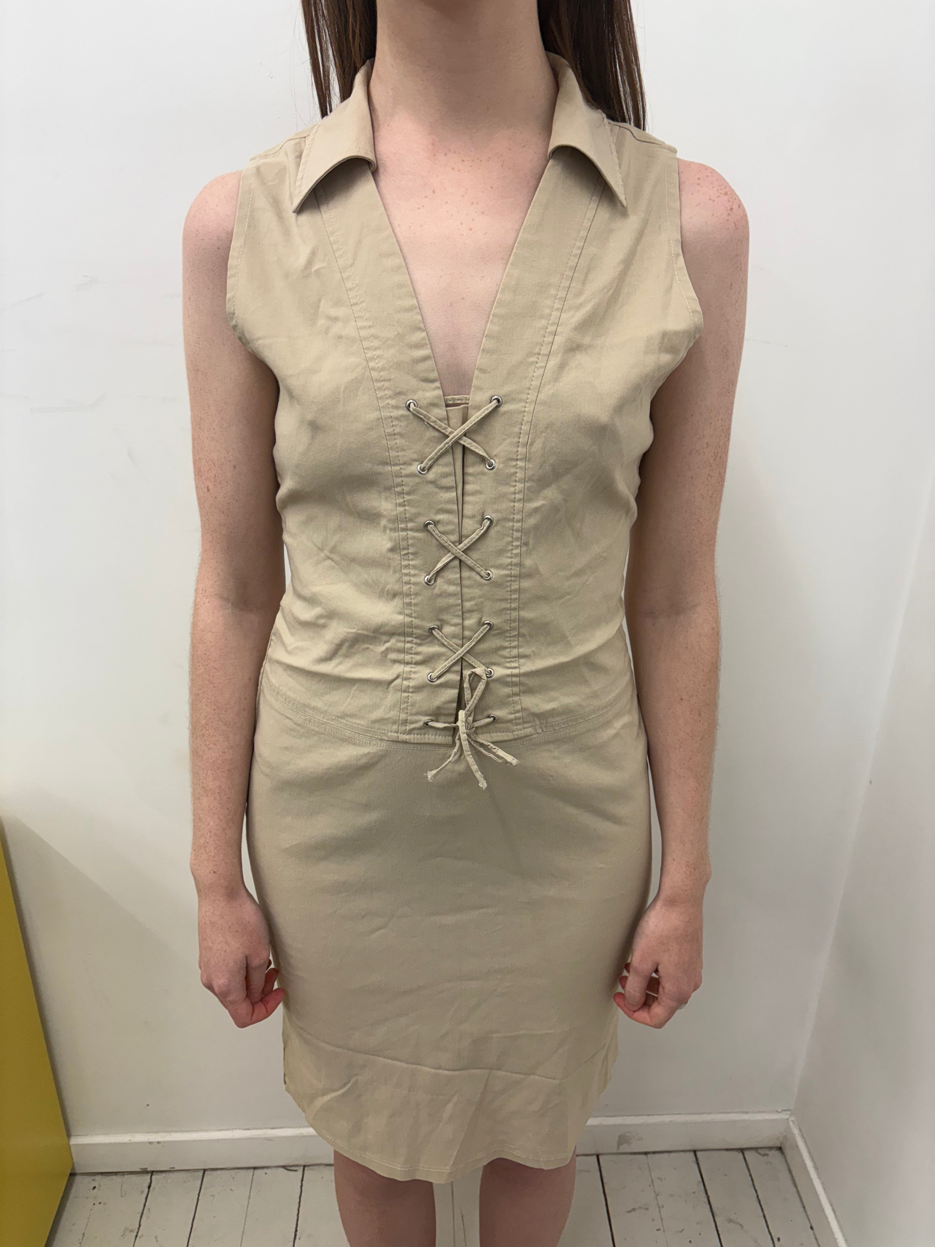 Beige Collared Lace-Up Front Sleeveless Mini Dress
