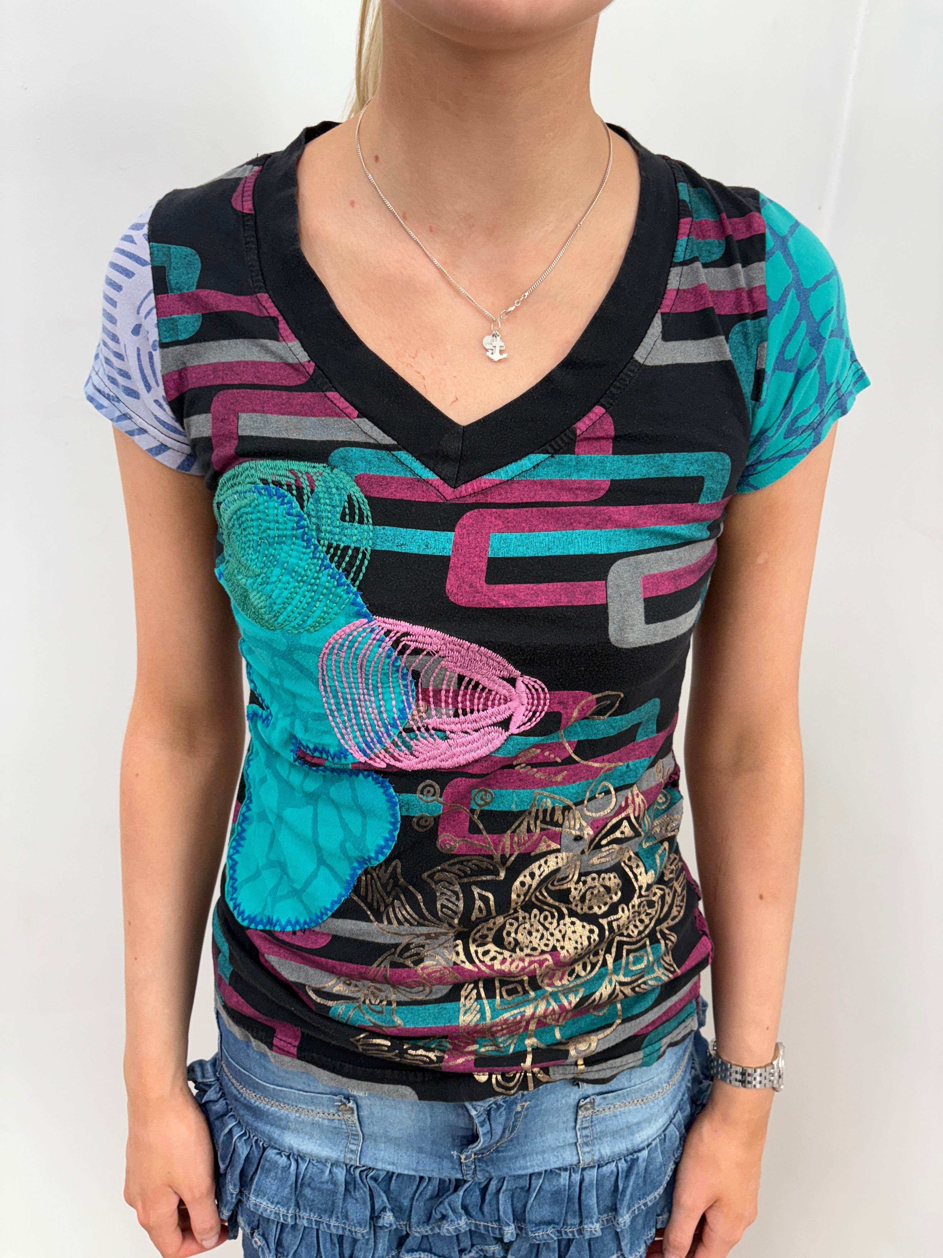 Mixed Print Embroidered V-Neck Top