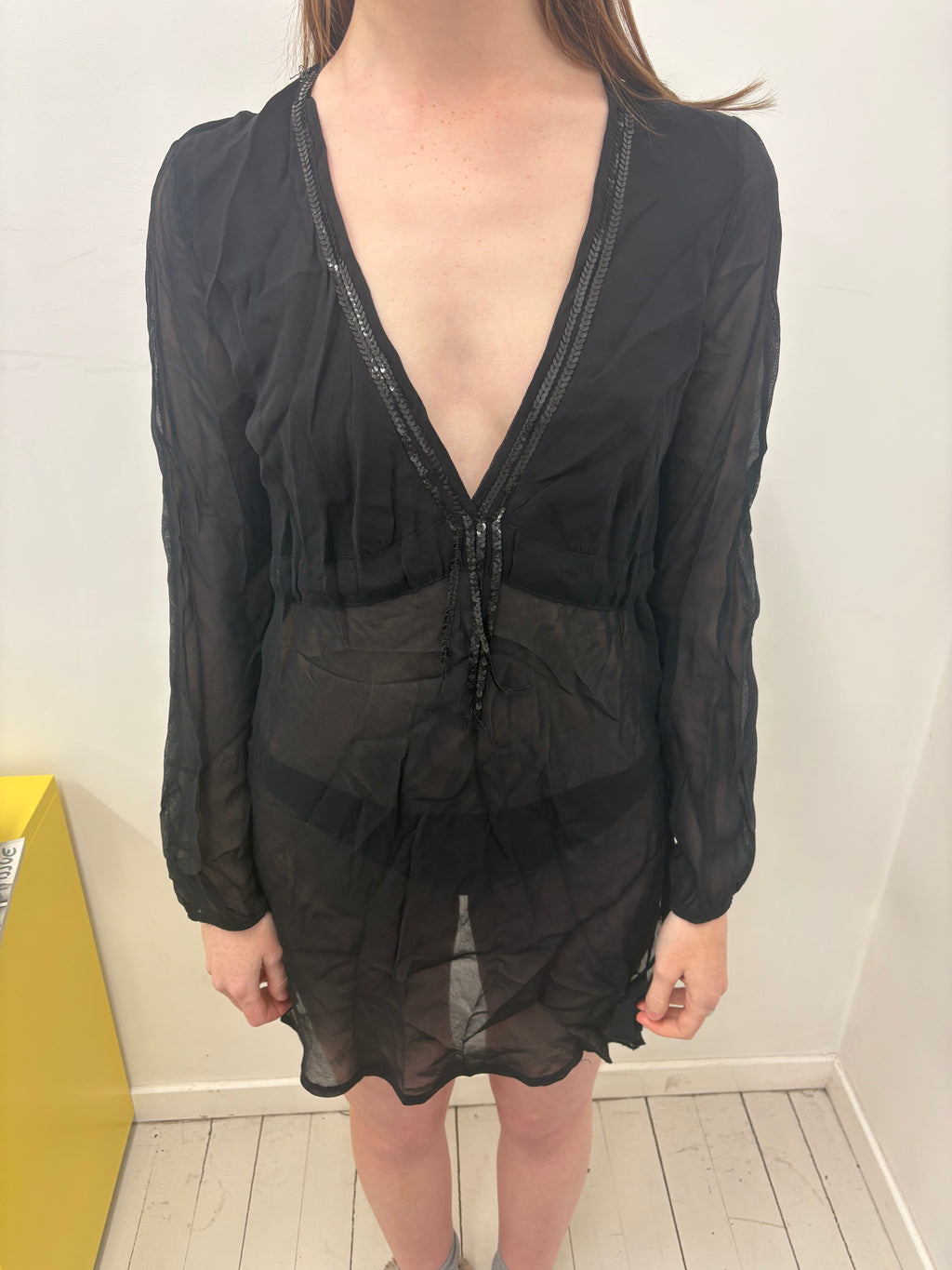 Black Sheer Deep-V Sequin Trim Long Sleeve Mini Dress