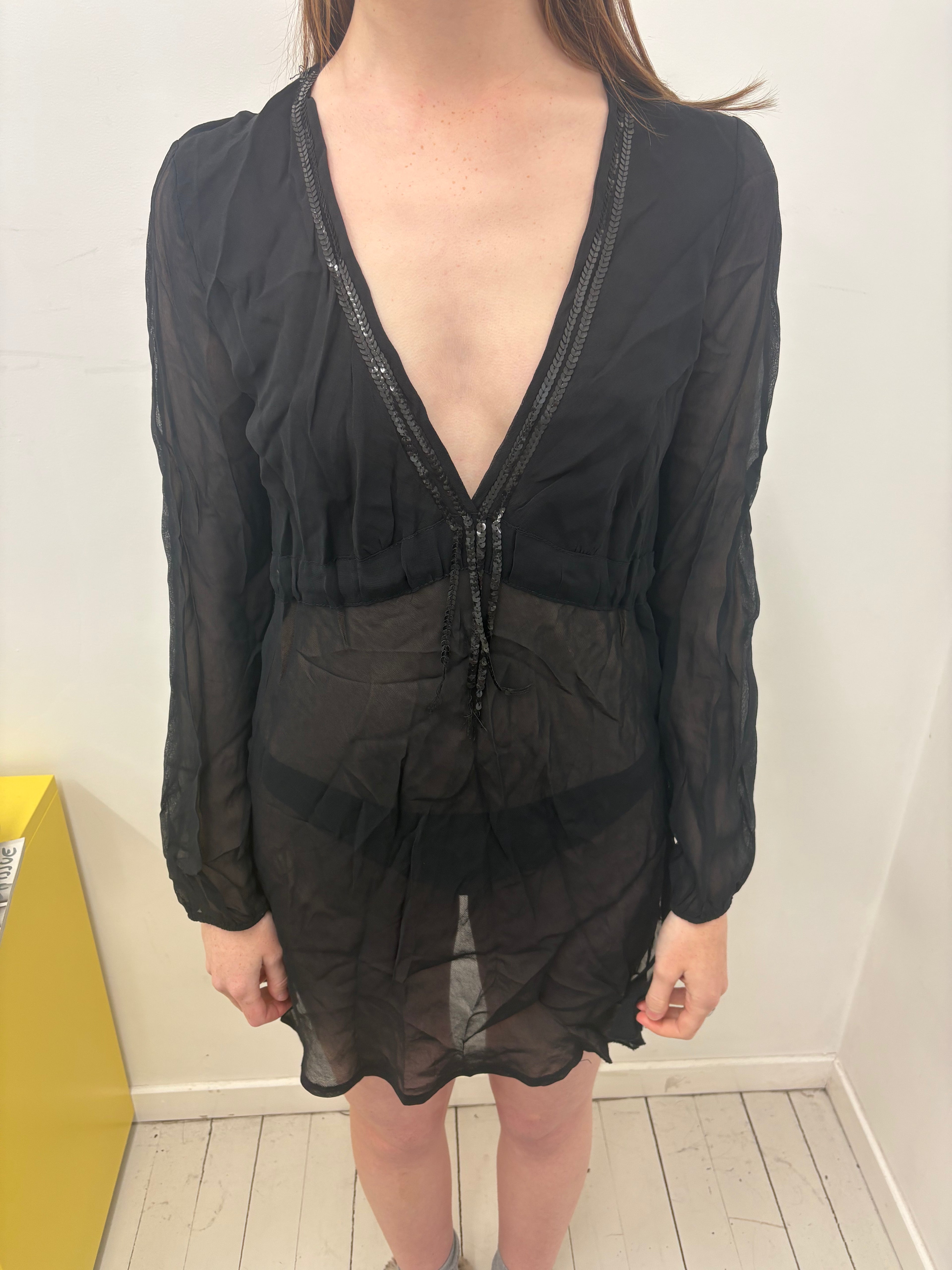 Black Sheer Deep-V Sequin Trim Long Sleeve Mini Dress