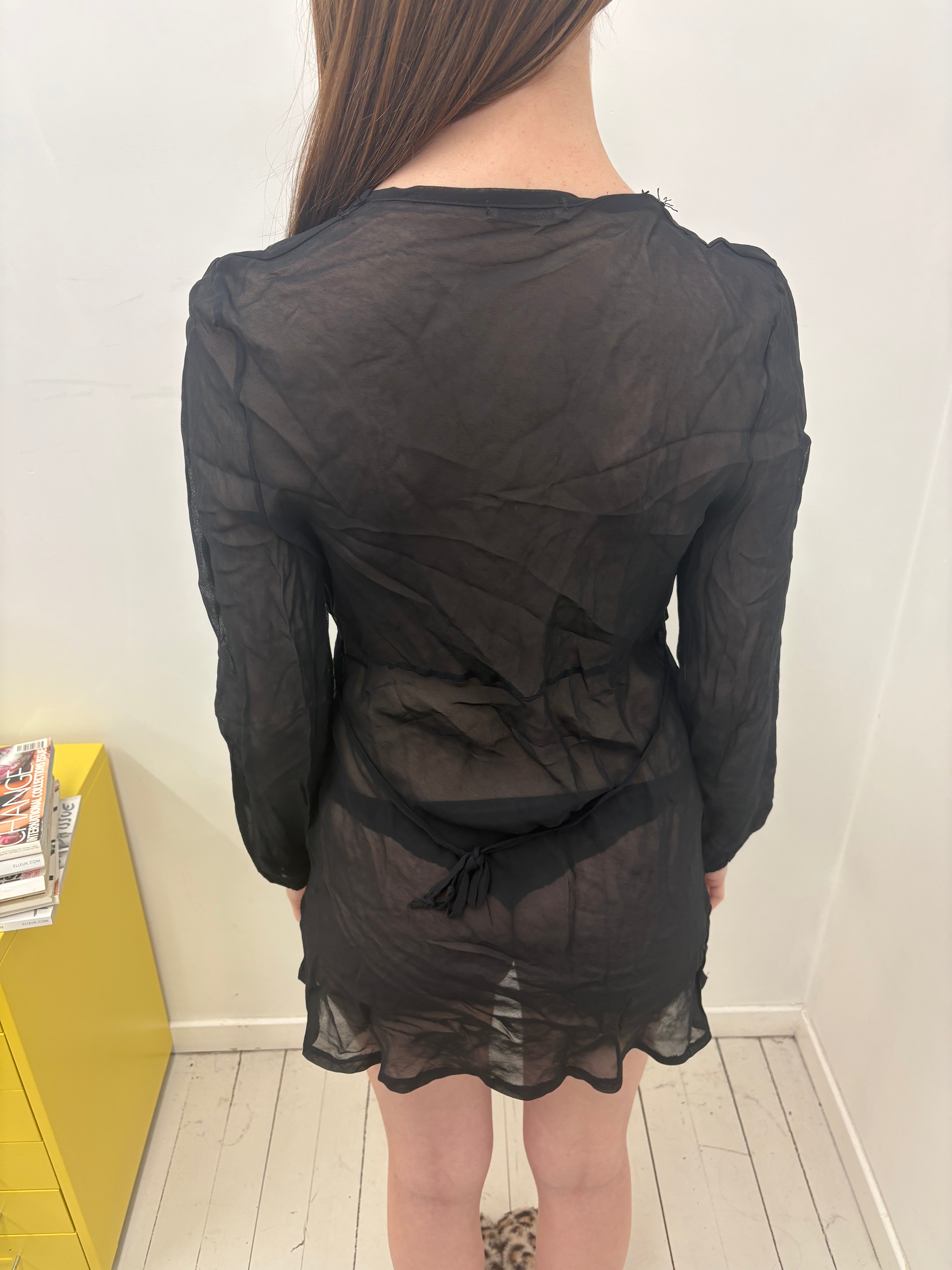 Black Sheer Deep-V Sequin Trim Long Sleeve Mini Dress