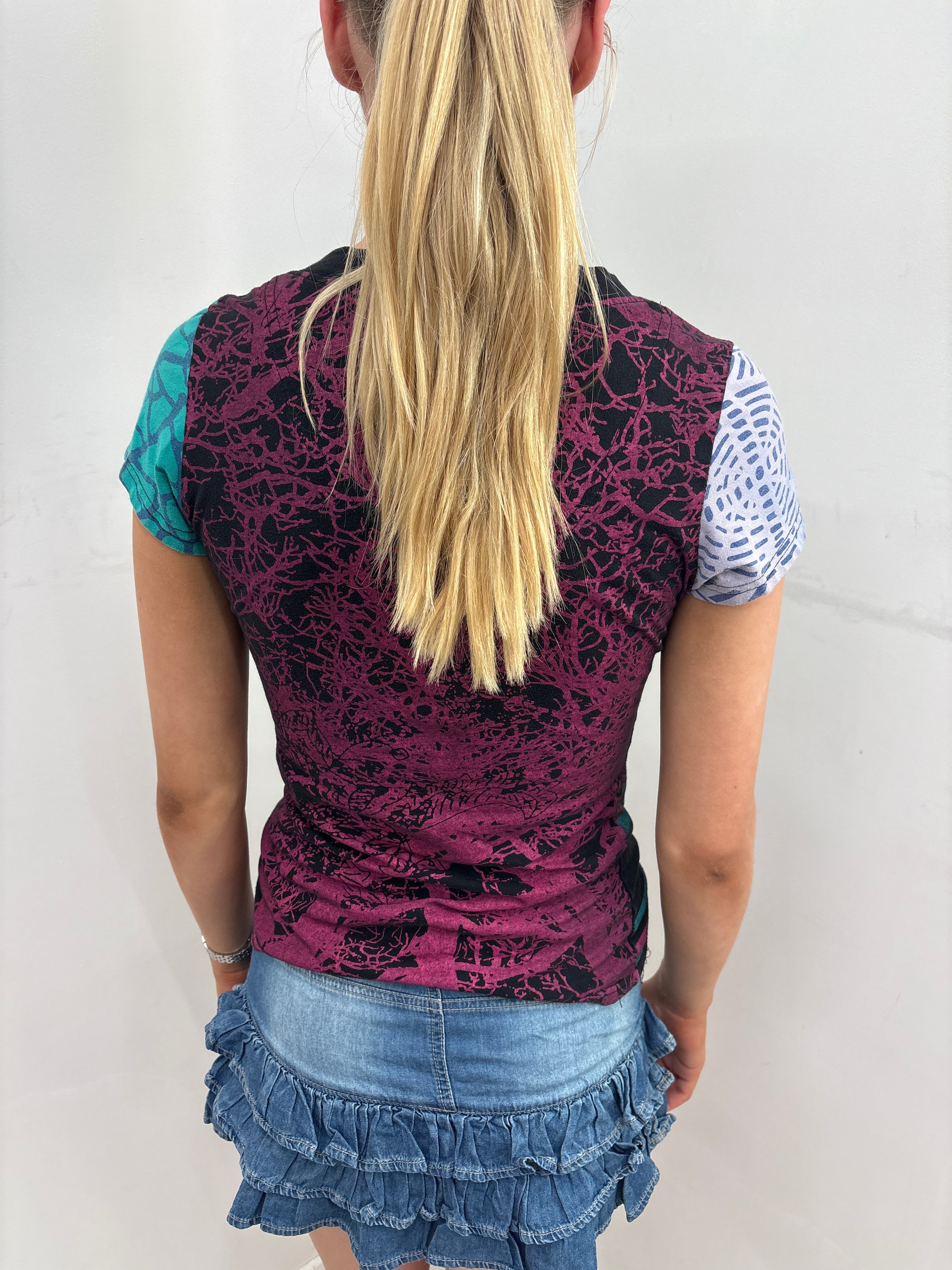 Mixed Print Embroidered V-Neck Top