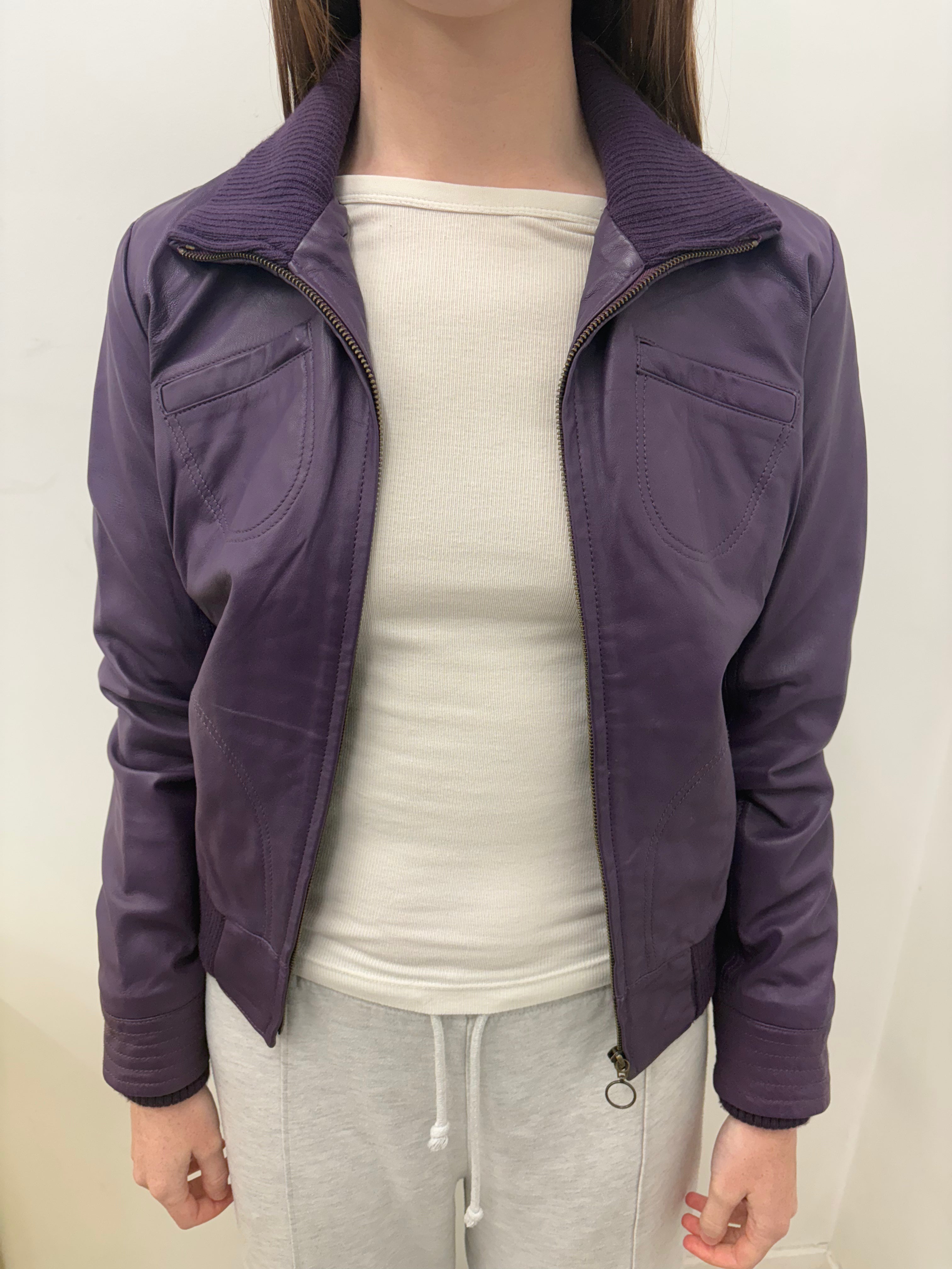 Purple Leather Bomber Jacket Ribbed Collar Vintage
