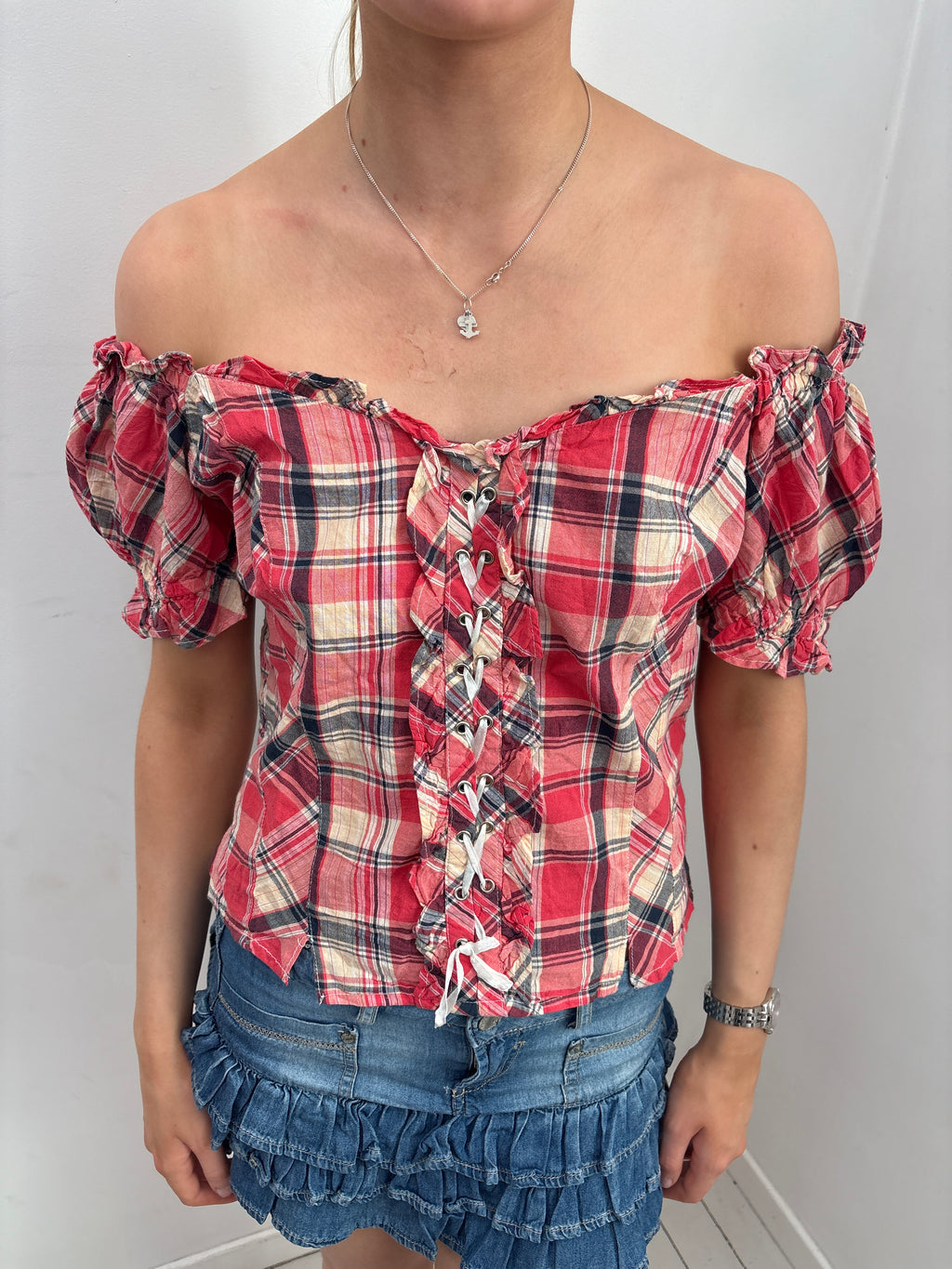 Red Plaid Off Shoulder Lace Up Corset Top
