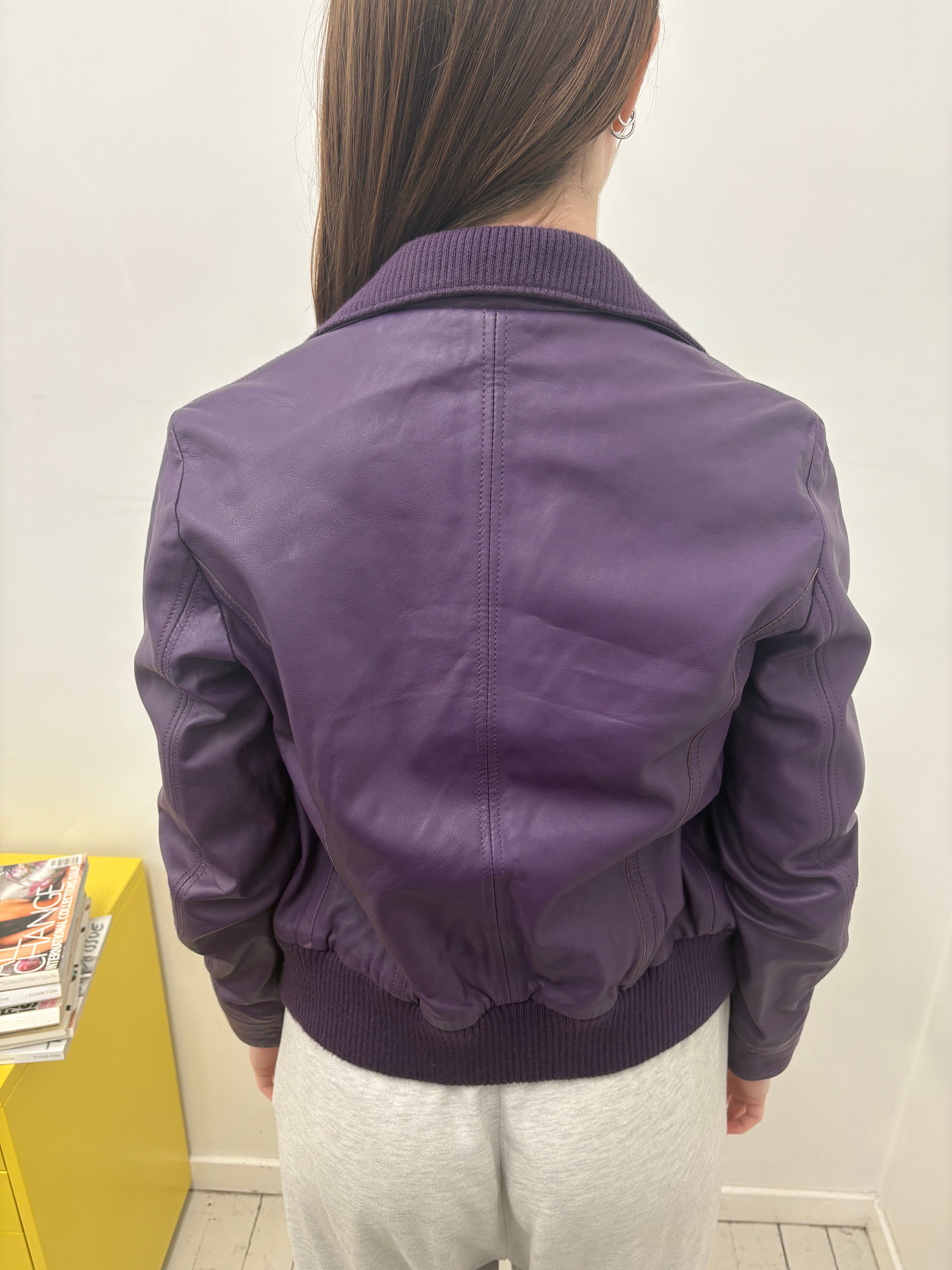 Purple Leather Bomber Jacket Ribbed Collar Vintage
