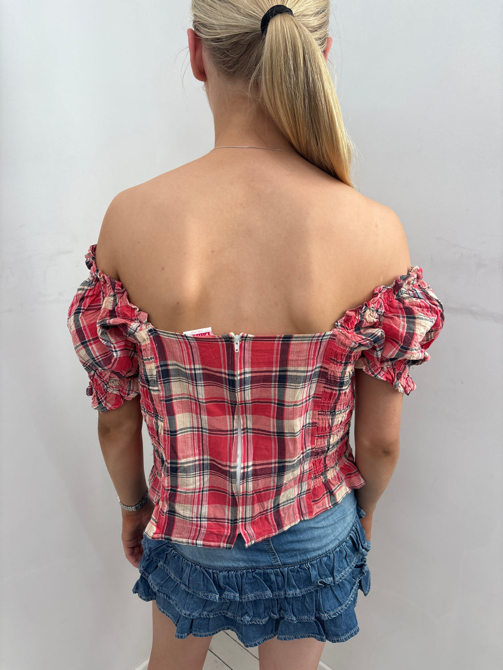 Red Plaid Off Shoulder Lace Up Corset Top
