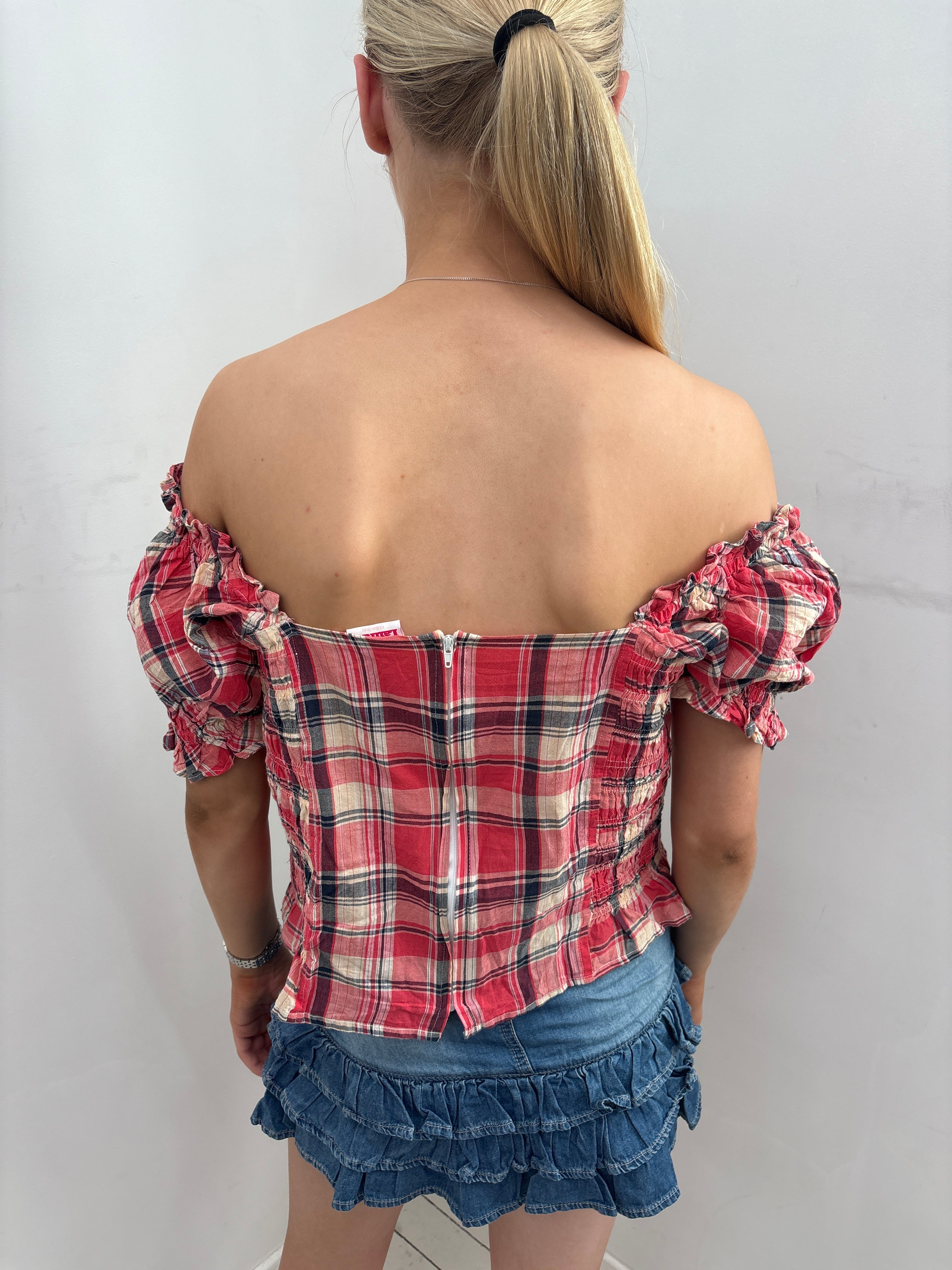 Red Plaid Off Shoulder Lace Up Corset Top