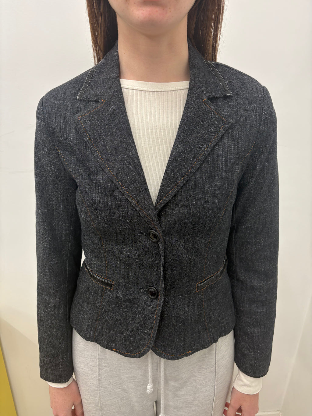 Dark Denim Fitted Two-Button Blazer Orange Stitch
