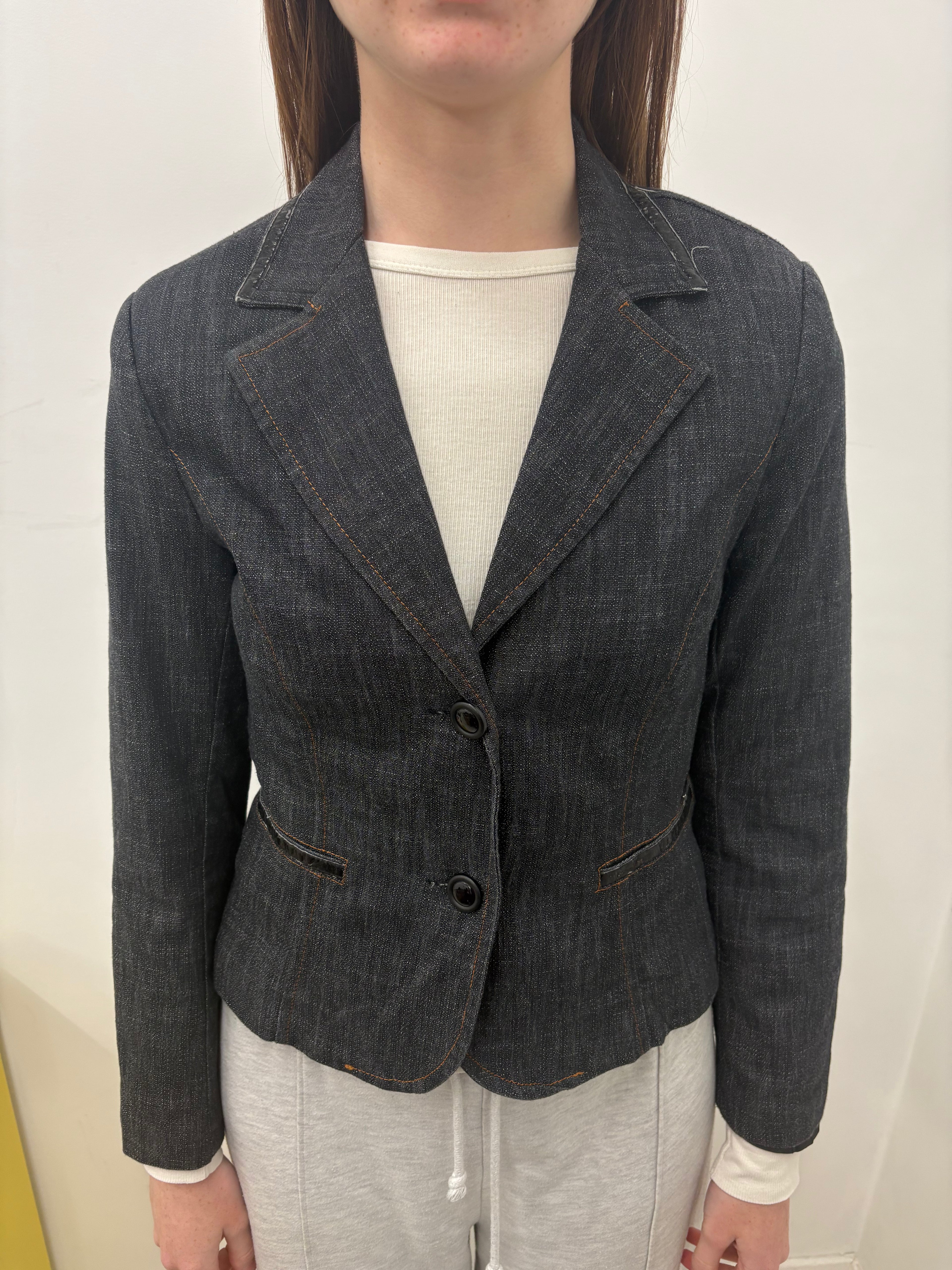 Dark Denim Fitted Two-Button Blazer Orange Stitch