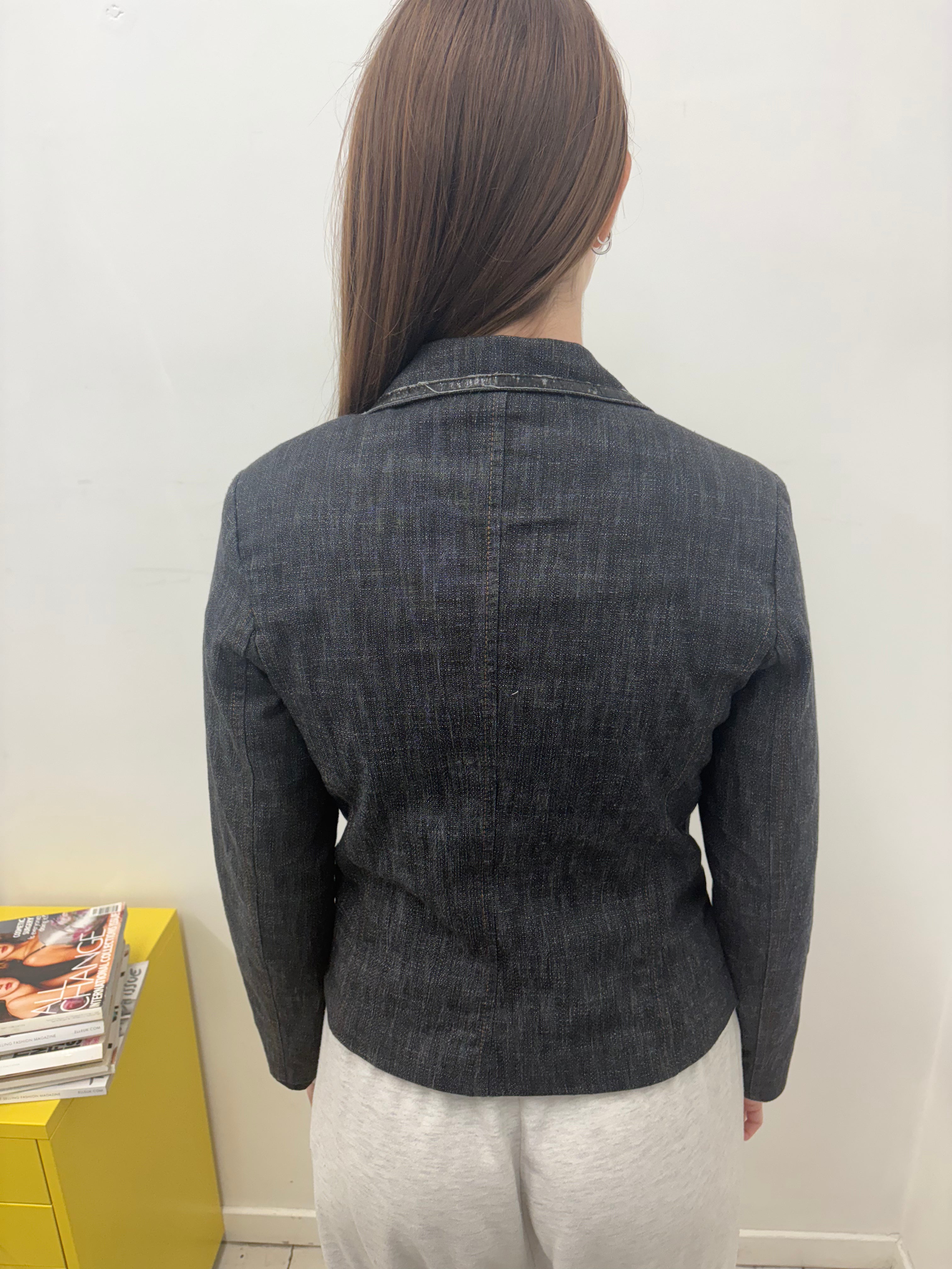 Dark Denim Fitted Two-Button Blazer Orange Stitch