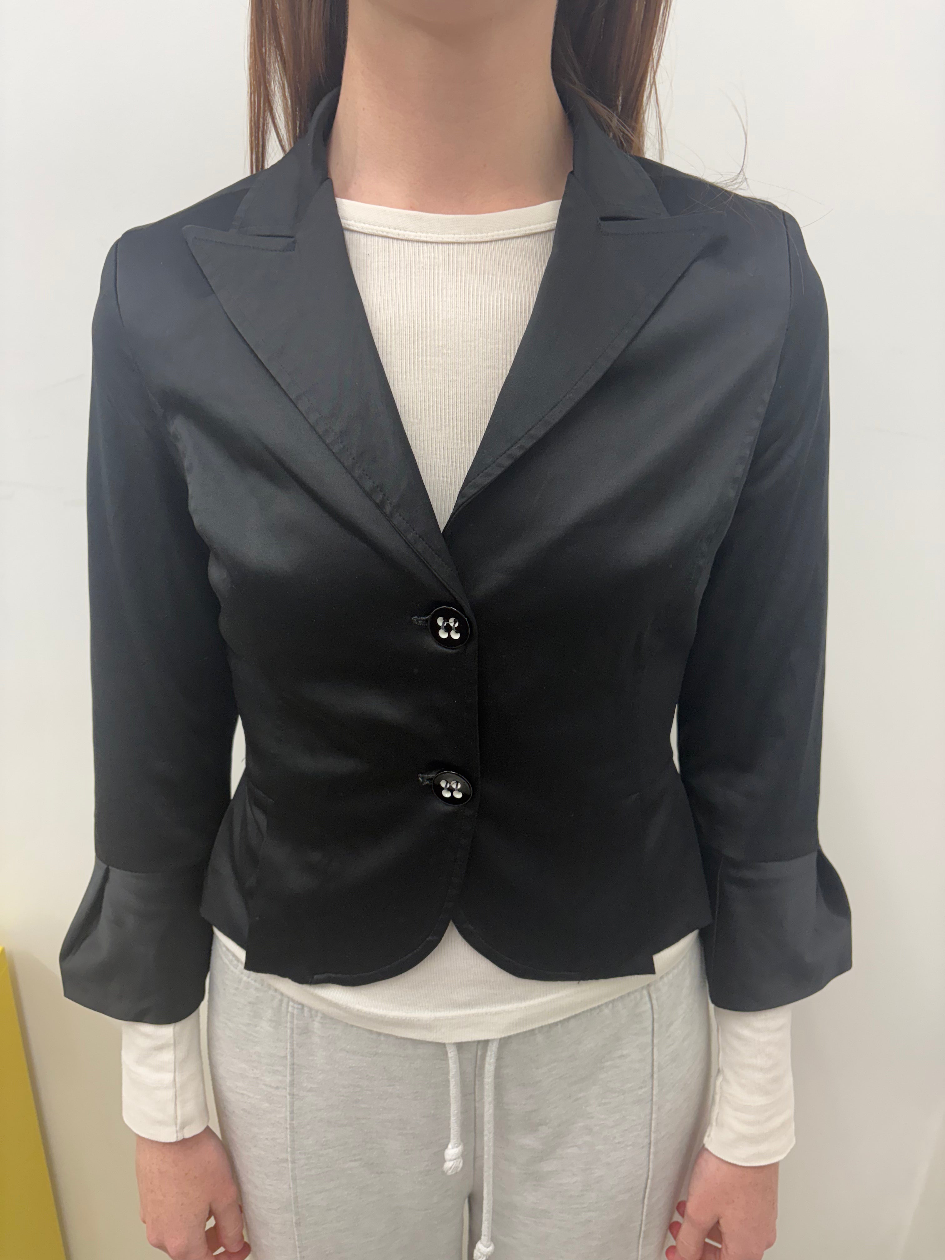 Black Satin Fitted Two-Button Cropped Blazer Vintage