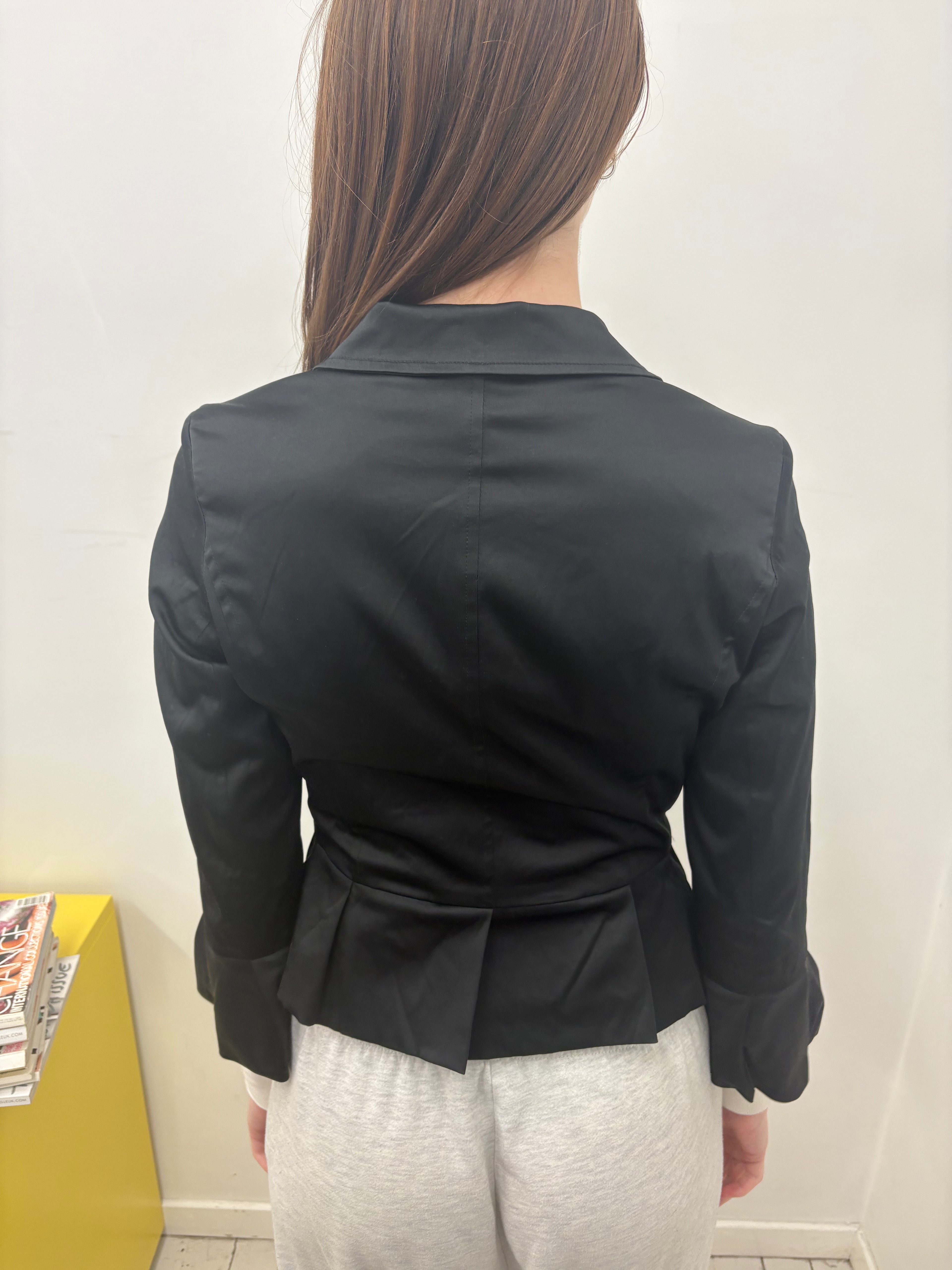 Black Satin Fitted Two-Button Cropped Blazer Vintage