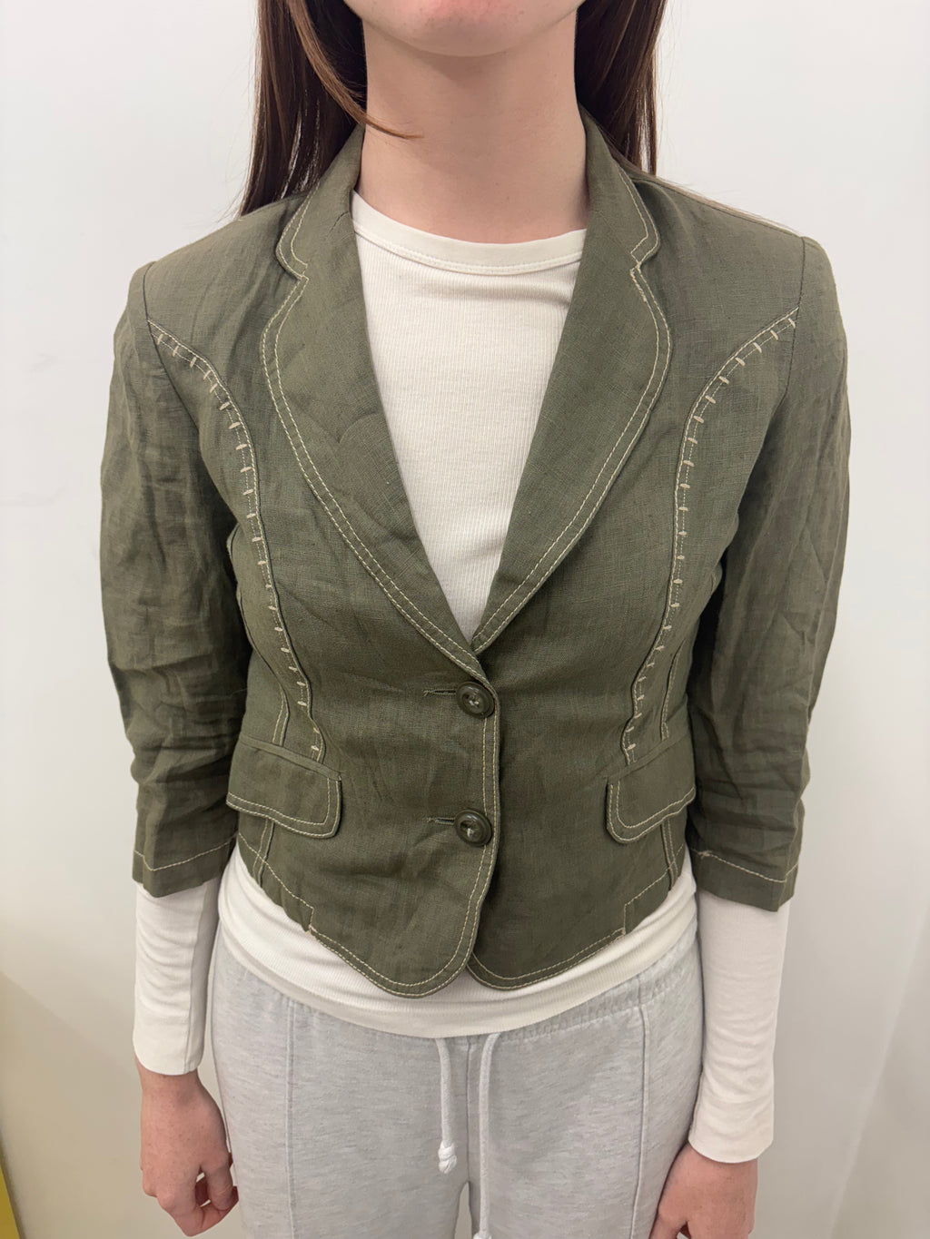 Khaki Linen Cropped Blazer Contrast Stitch Detail