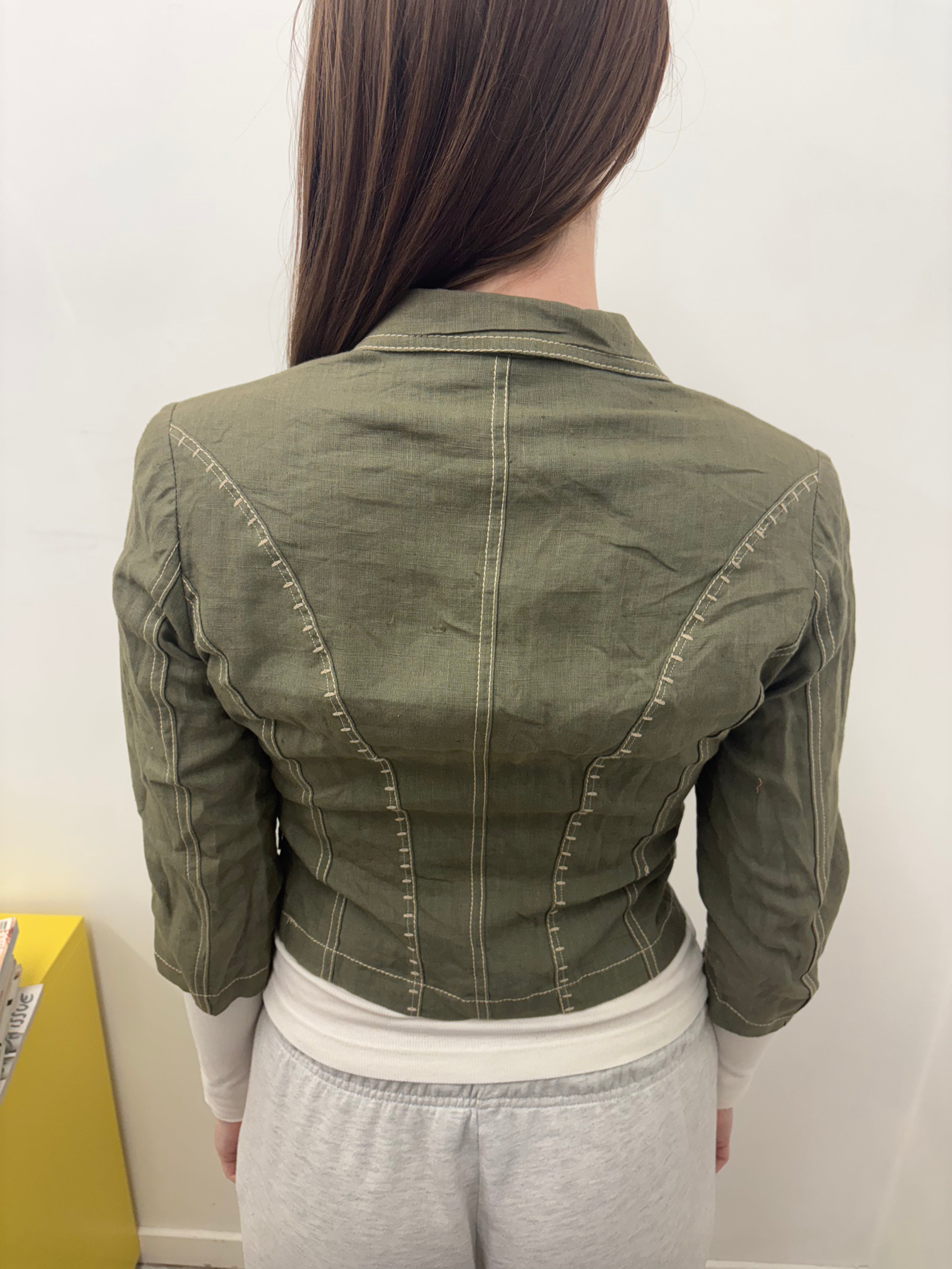 Khaki Linen Cropped Blazer Contrast Stitch Detail