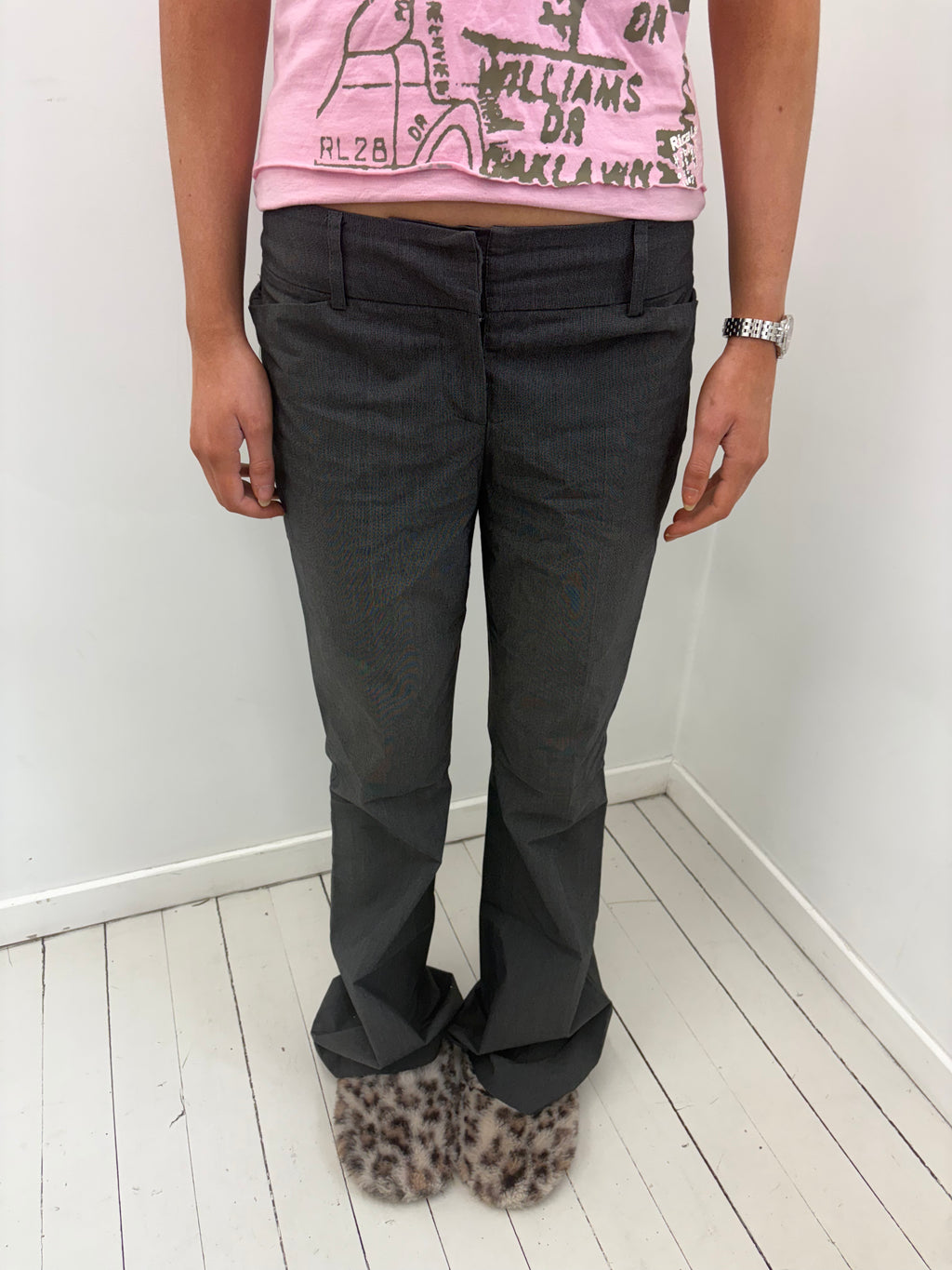Dark Grey Low-Rise Flare Trousers Y2K