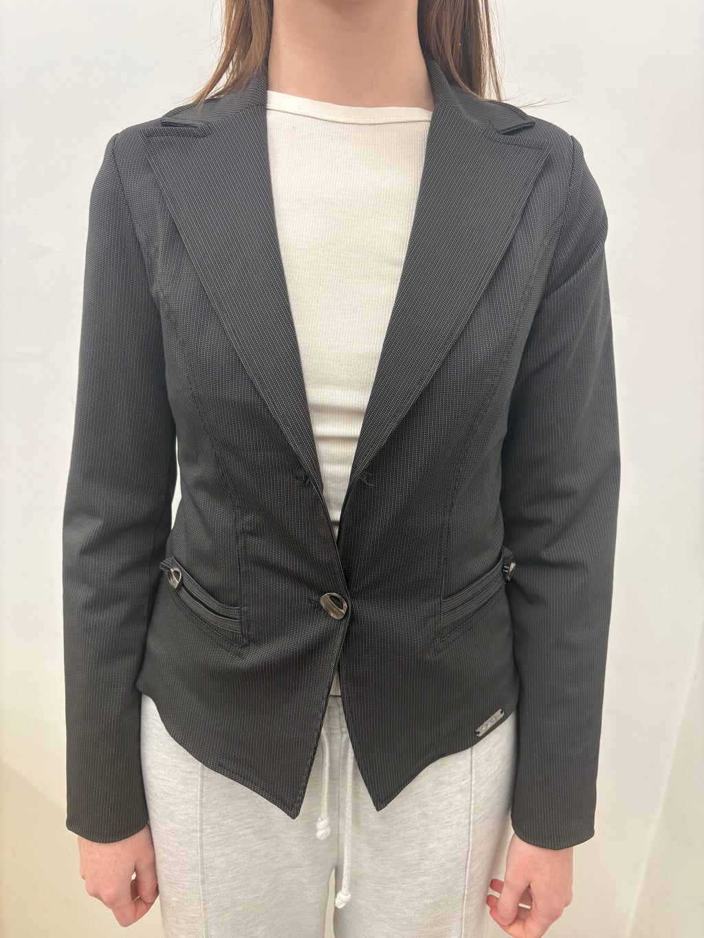 Dark Grey Micro-Check Single Button Blazer Vintage