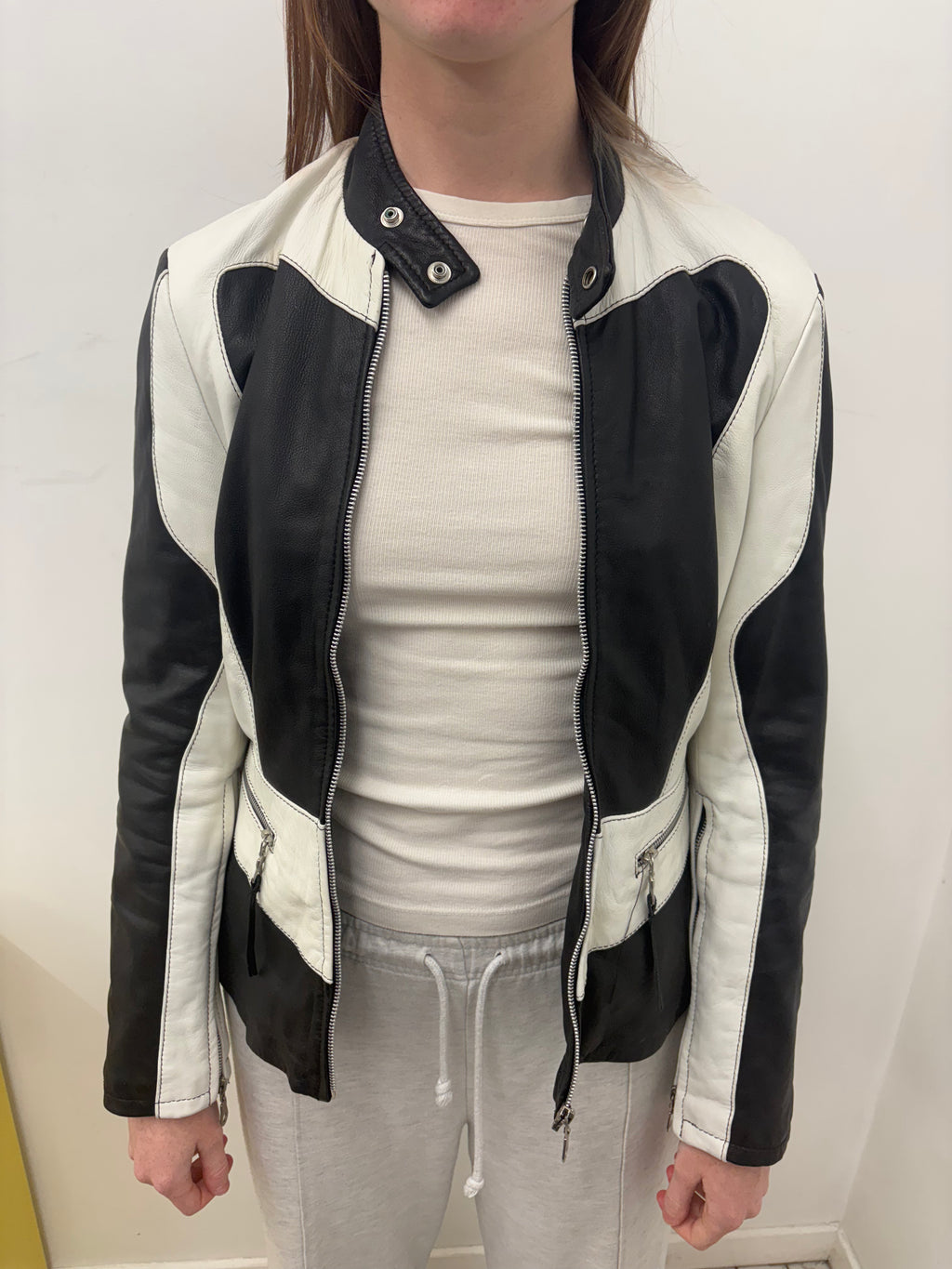 Black White Colour Block Leather Biker Jacket Vintage