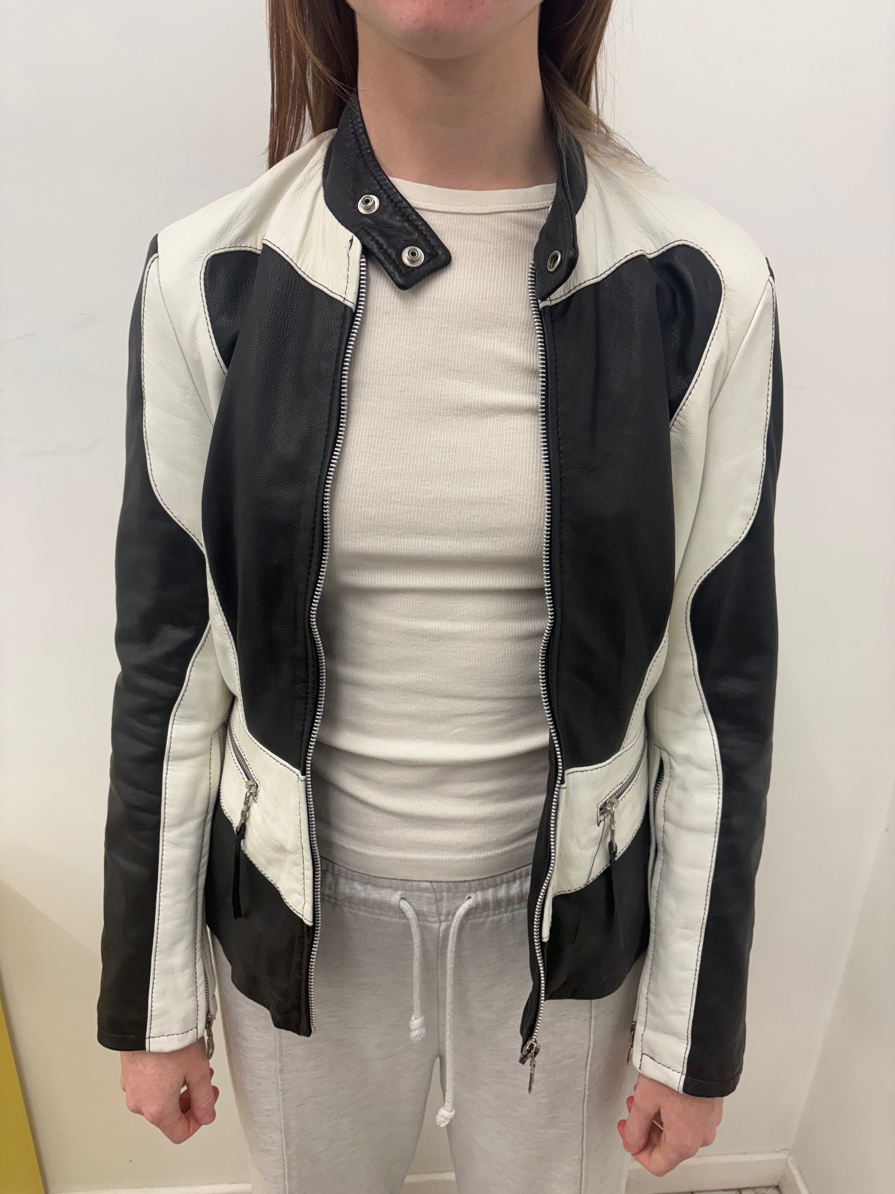 Black White Colour Block Leather Biker Jacket Vintage